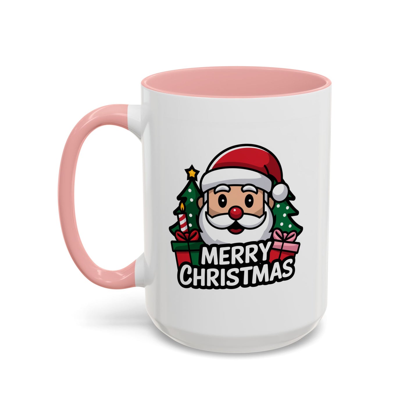 Christmas Mug - Merry Christmas White & Black Text Santa Trees Presents