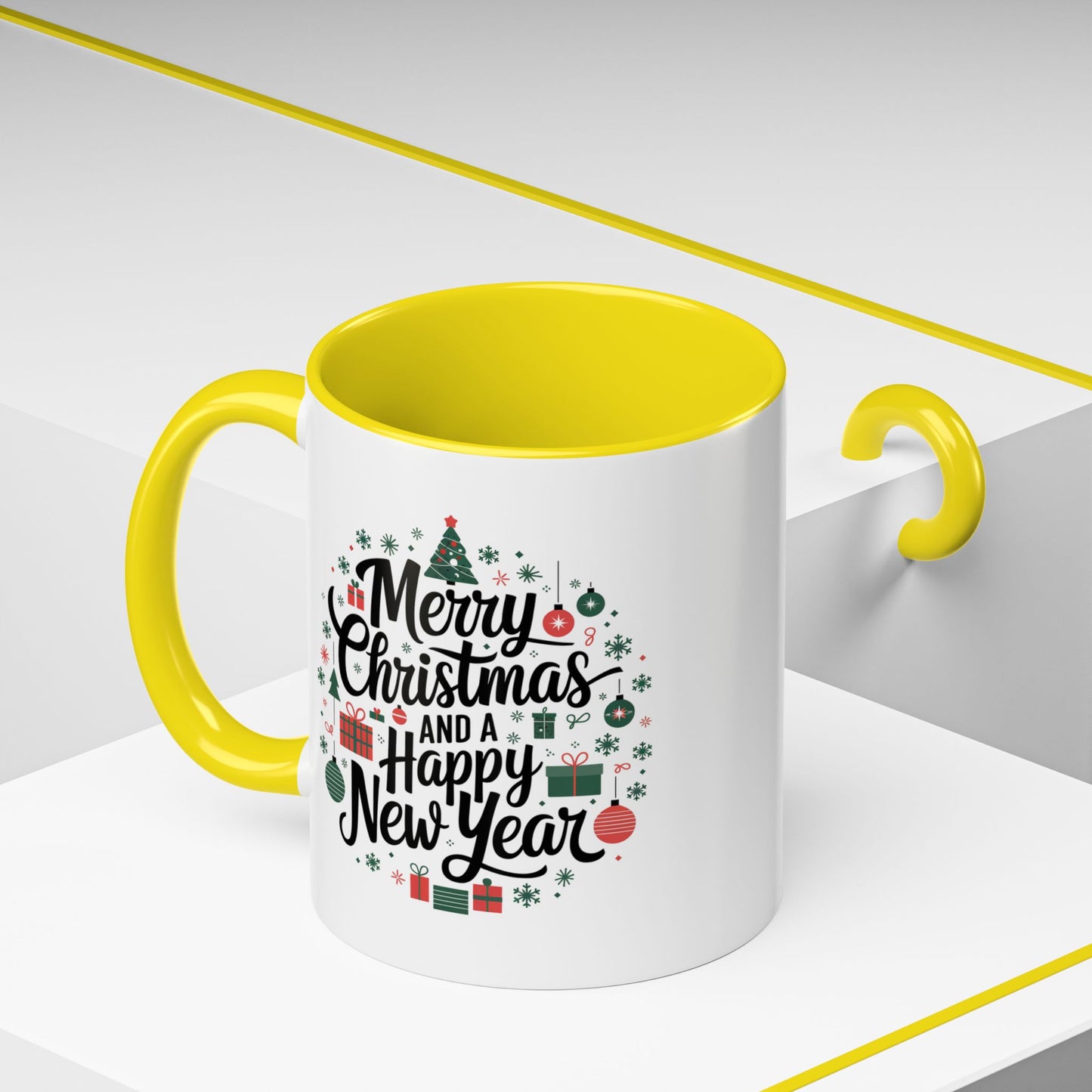 Christmas Mug - Merry Christmas and a Happy New Year Black Text Tree Ornaments Presents