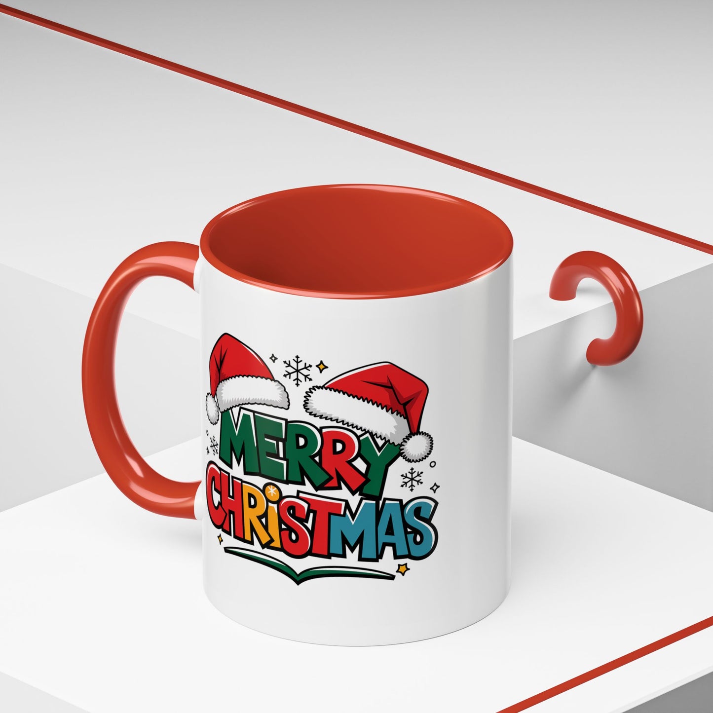Christmas Mug - Merry Christmas Green Red Yellow and Blue Text Red Hats