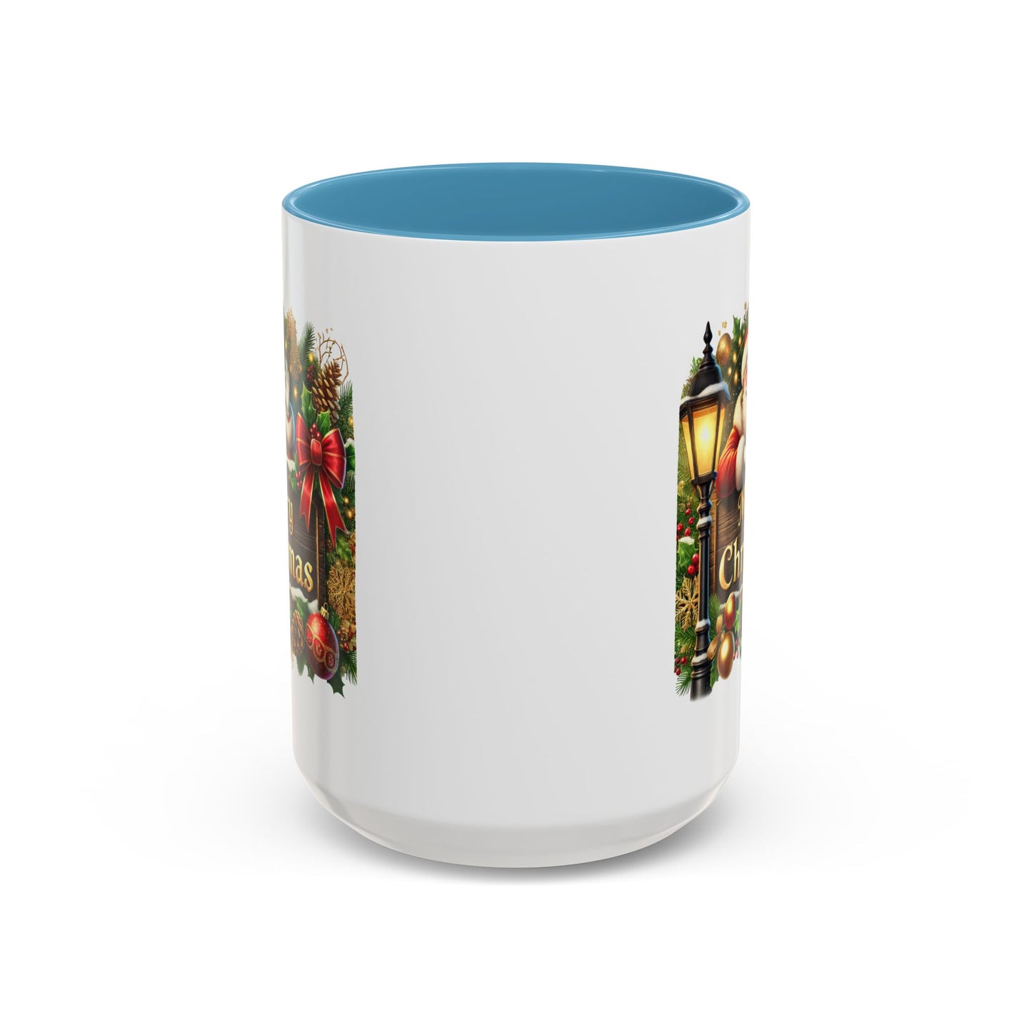 Christmas Mug - Merry Christmas Cream Text Santa Ok Light Bow Ornaments