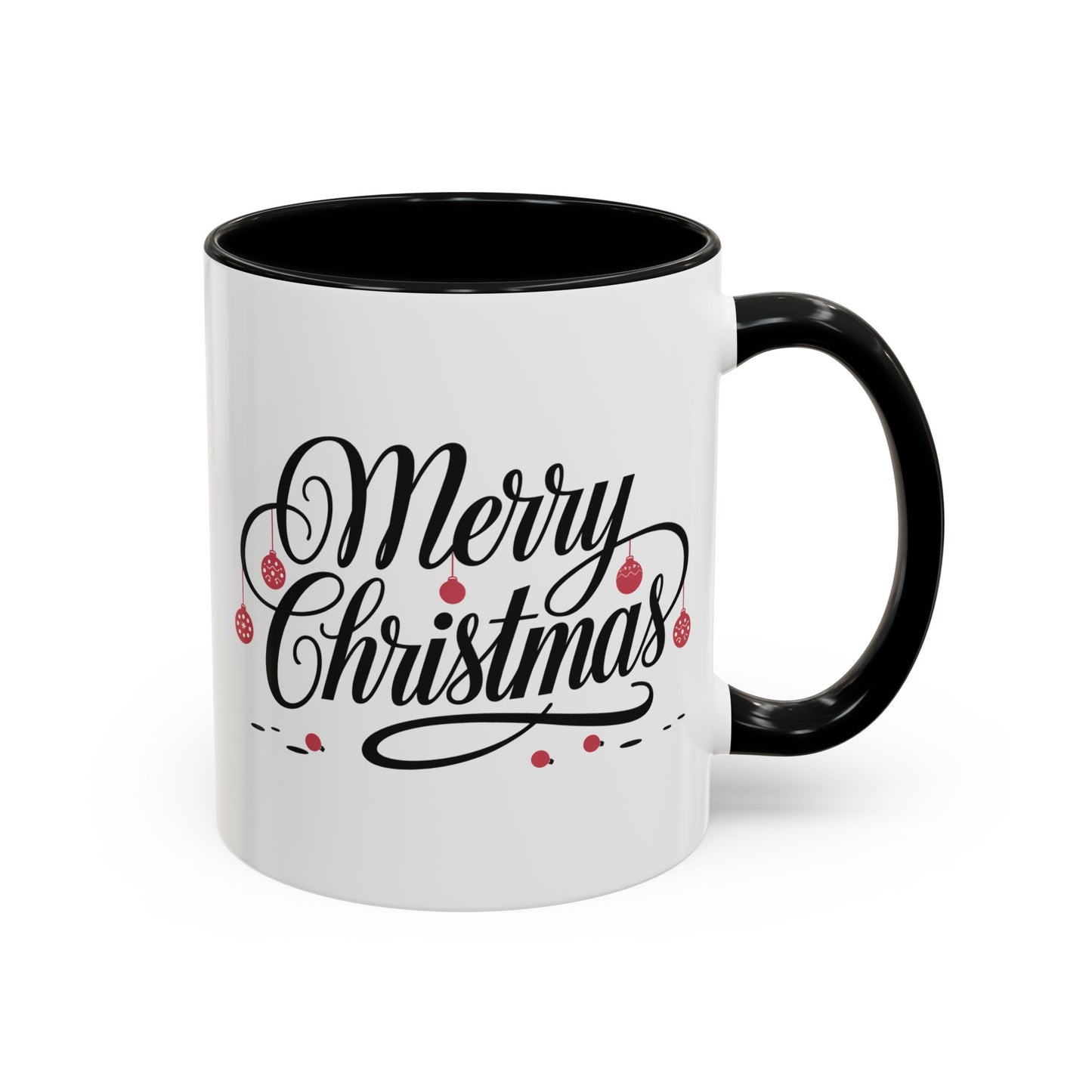 Christmas Mug - Merry Christmas Black Text Red Ornaments