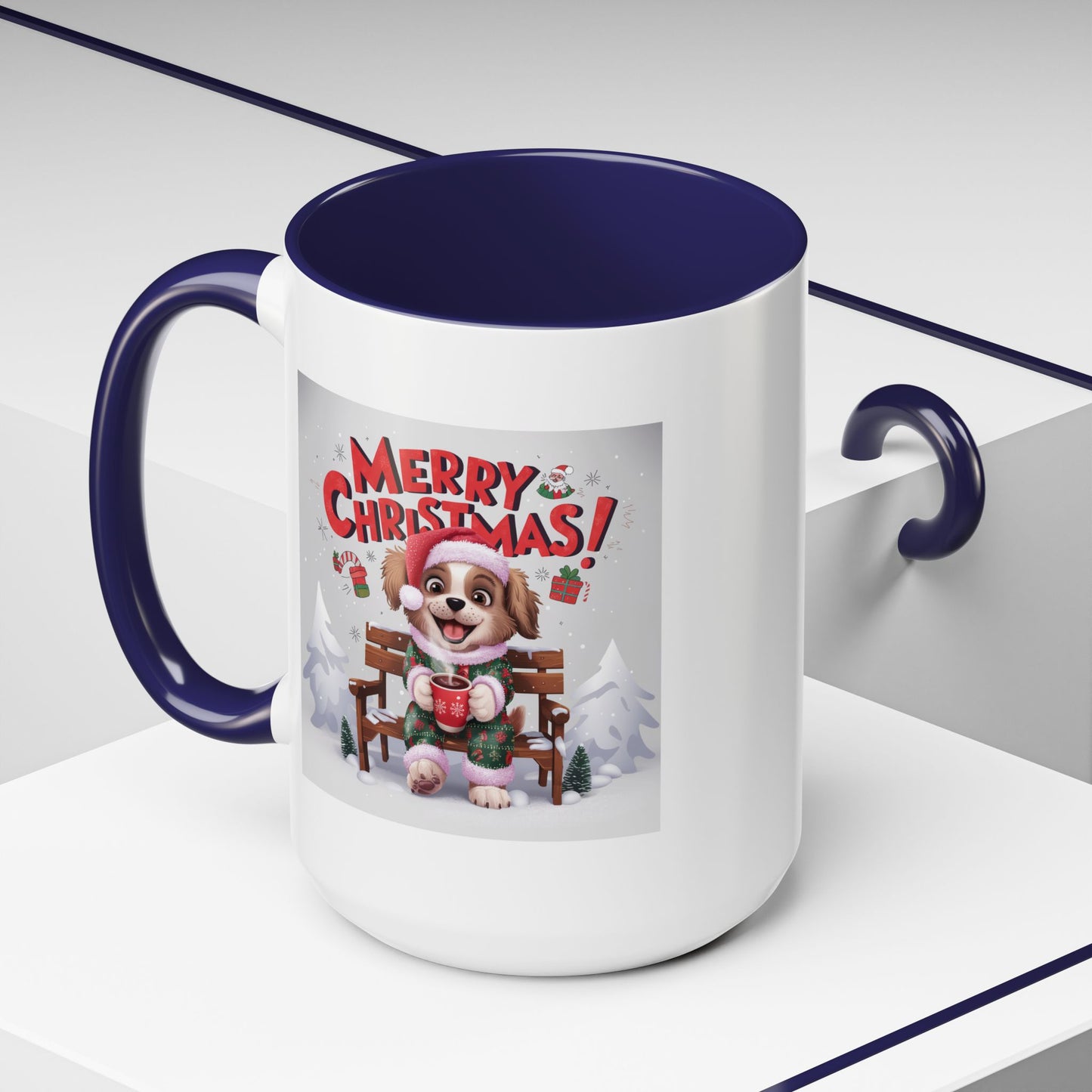 Christmas Mug - Merry Christmas Red Text Puppy Green & Red Top