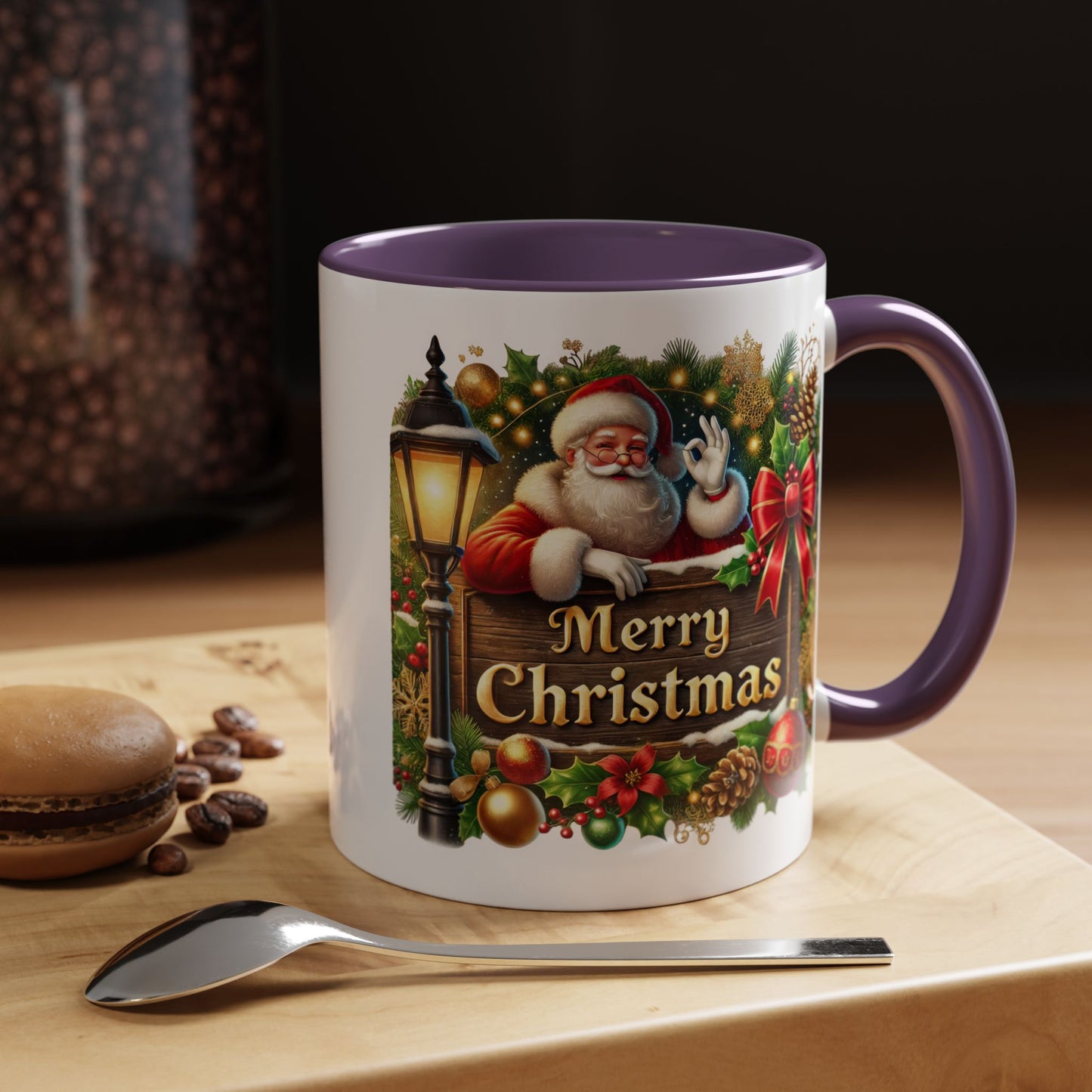 Christmas Mug - Merry Christmas Cream Text Santa Ok Light Bow Ornaments