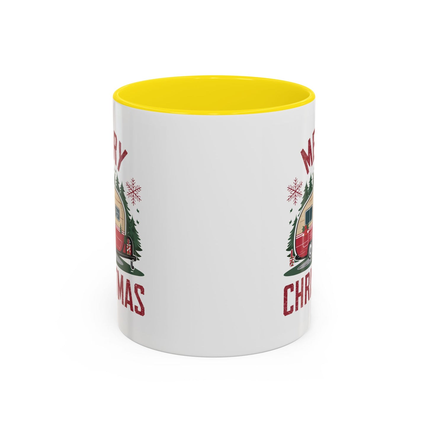 Christmas Mug - Merry Christmas Maroon Text Camper Trees Snowflakes