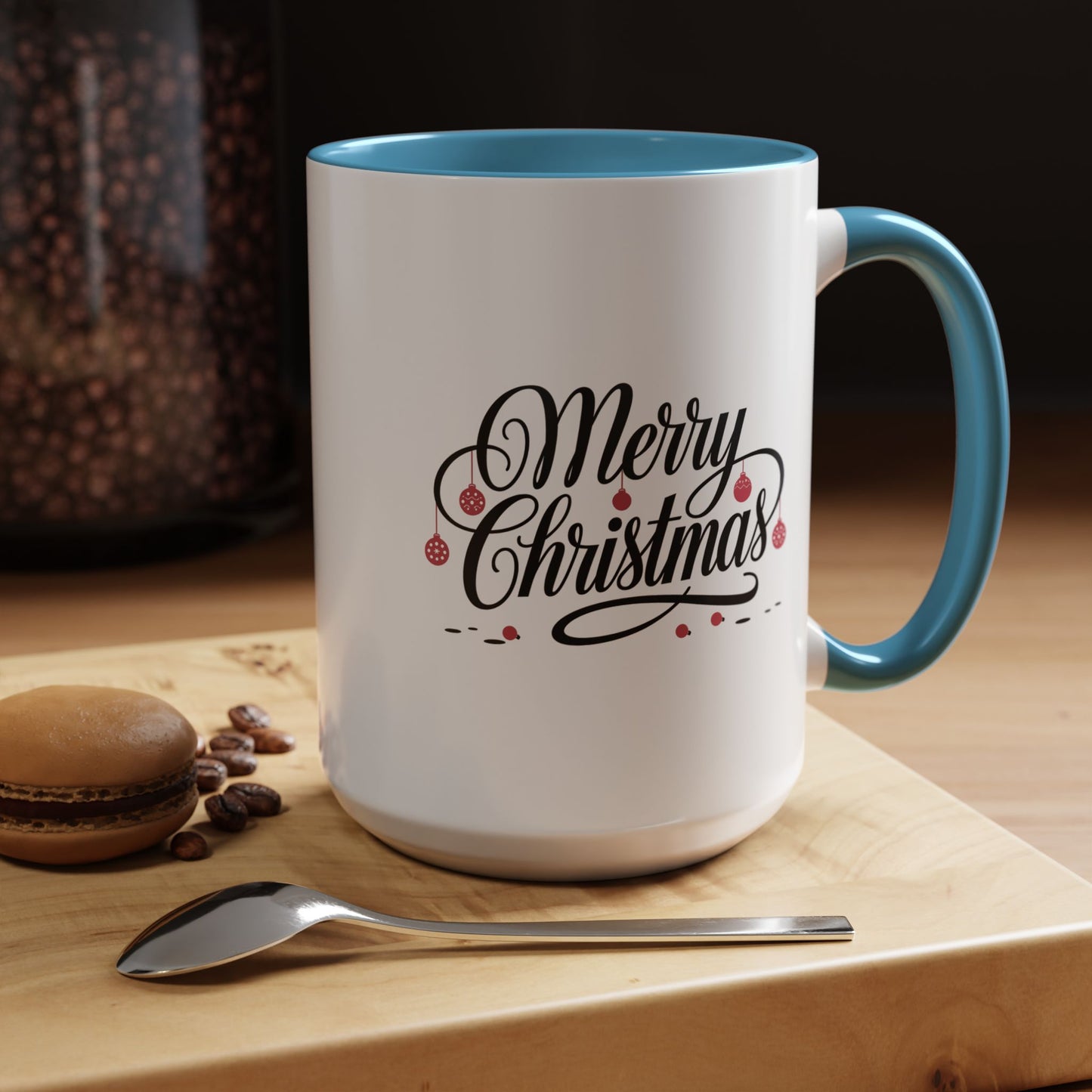 Christmas Mug - Merry Christmas Black Text Red Ornaments