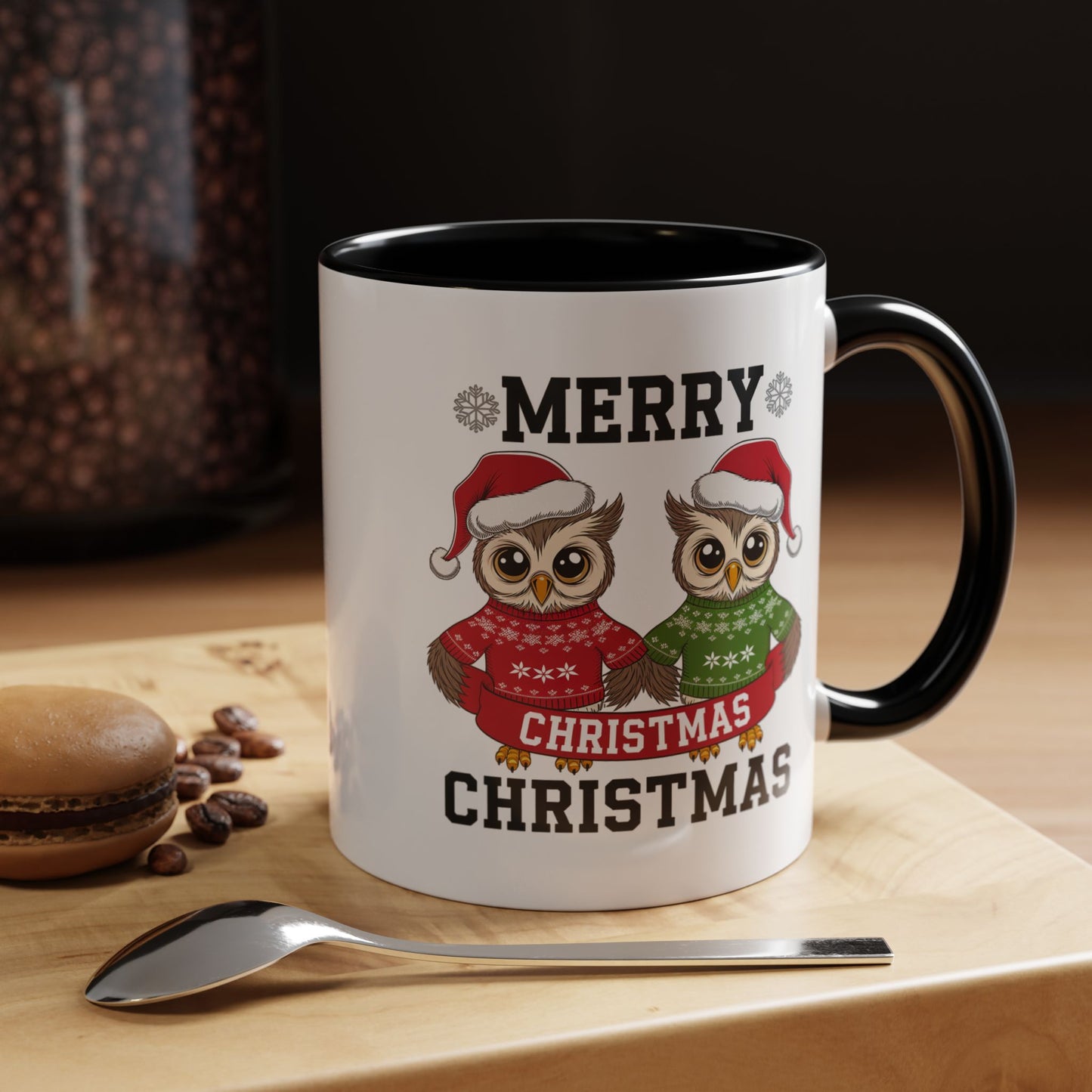 Christmas Mug - Merry Christmas Black Text Owls