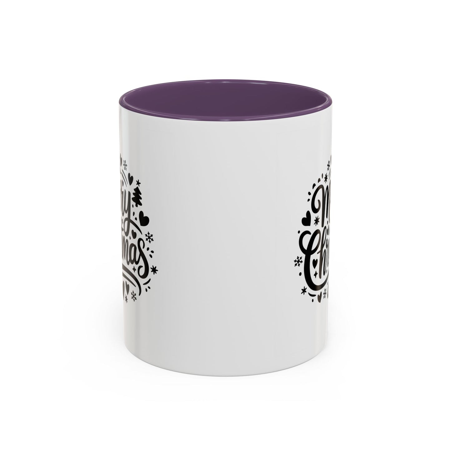 Christmas Mug - Merry Christmas Black Text Trees Snowflakes Hearts