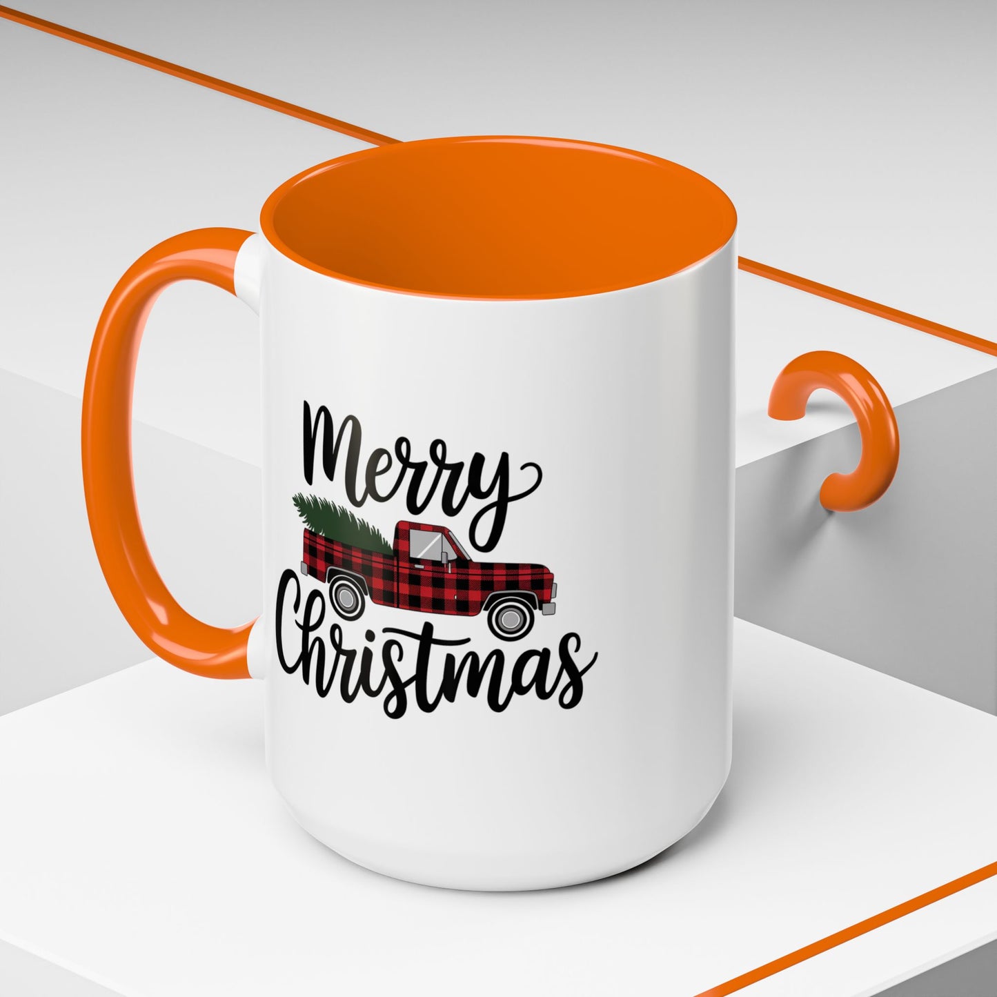 Christmas Mug - Merry Christmas Black Text Tartan Truck