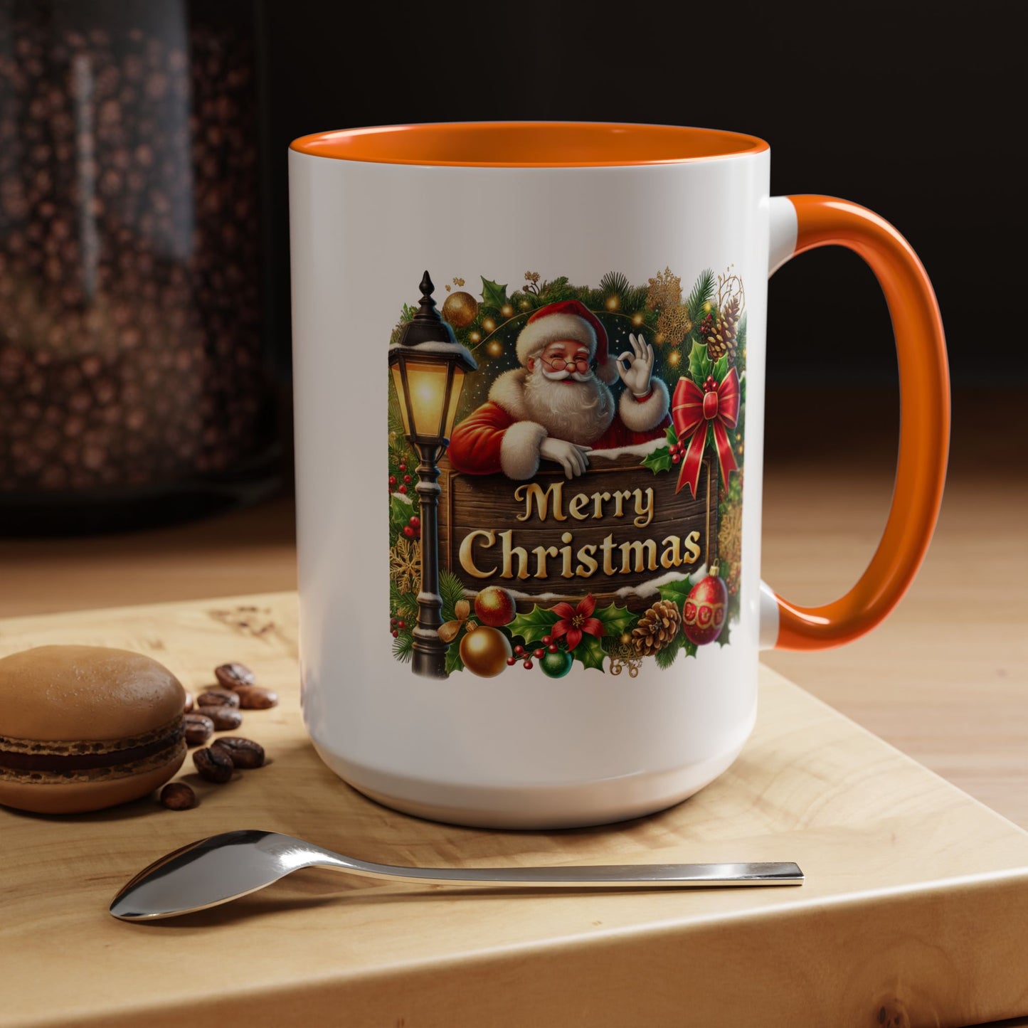 Christmas Mug - Merry Christmas Cream Text Santa Ok Light Bow Ornaments