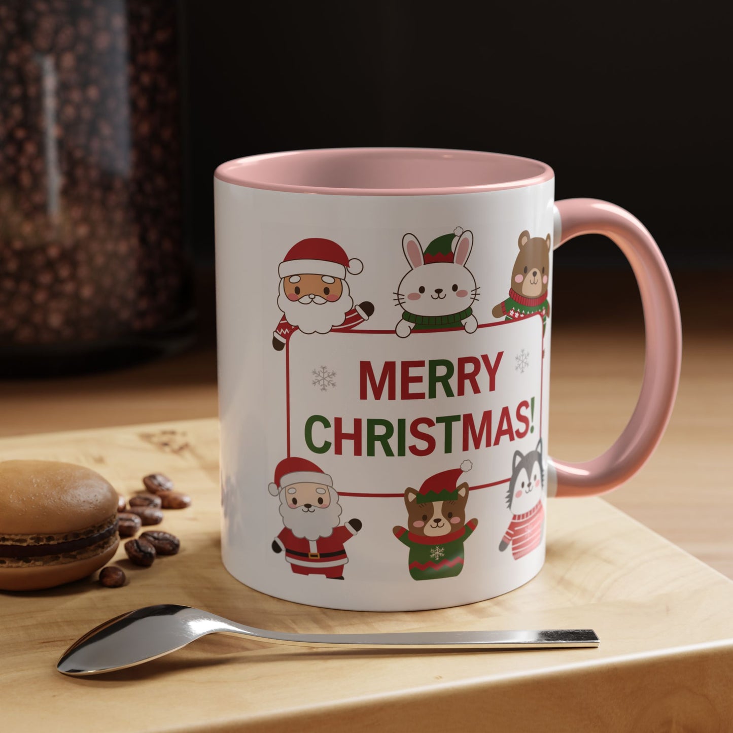 Christmas Mug - Merry Christmas Red & Green Text Santa Cute Animals