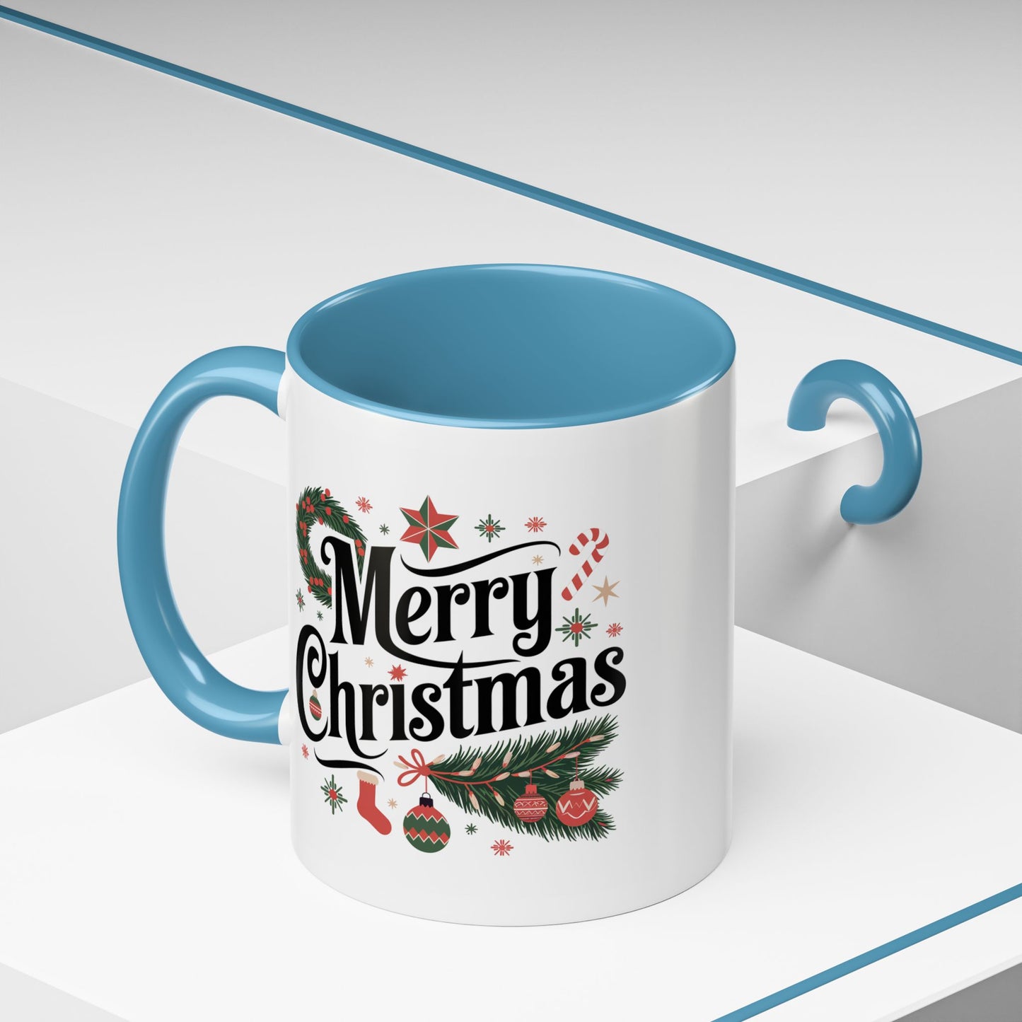 Christmas Mug - Merry Christmas Black Text Star Stocking Ornament Candy Cane