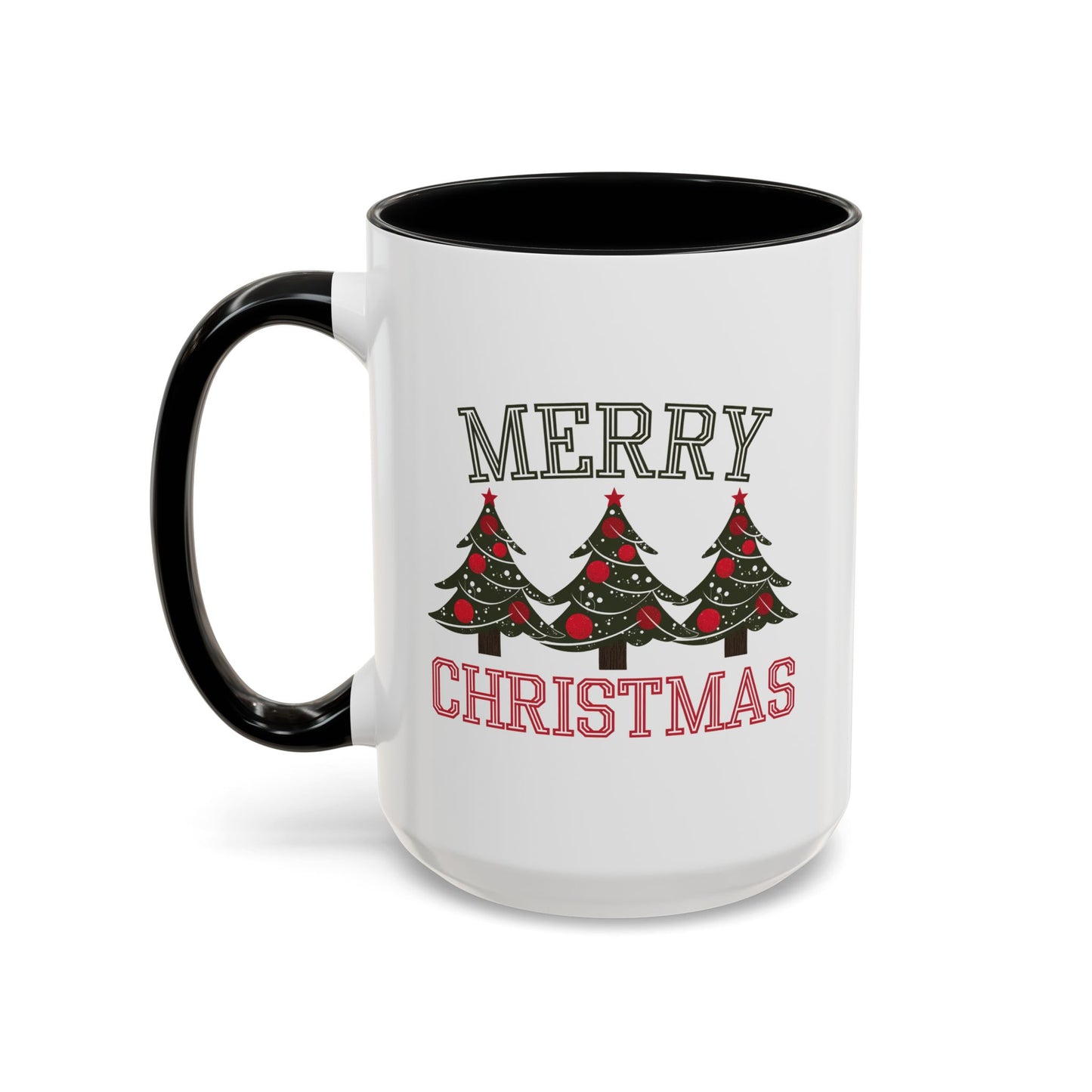 Christmas Mug - Merry Christmas Green & Red Text Decorative Trees