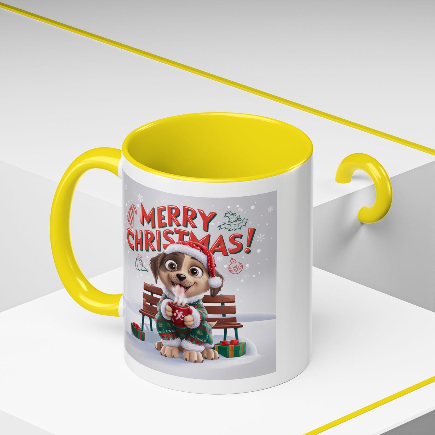 Christmas Mug - Merry Christmas Red Text Puppy Green Top