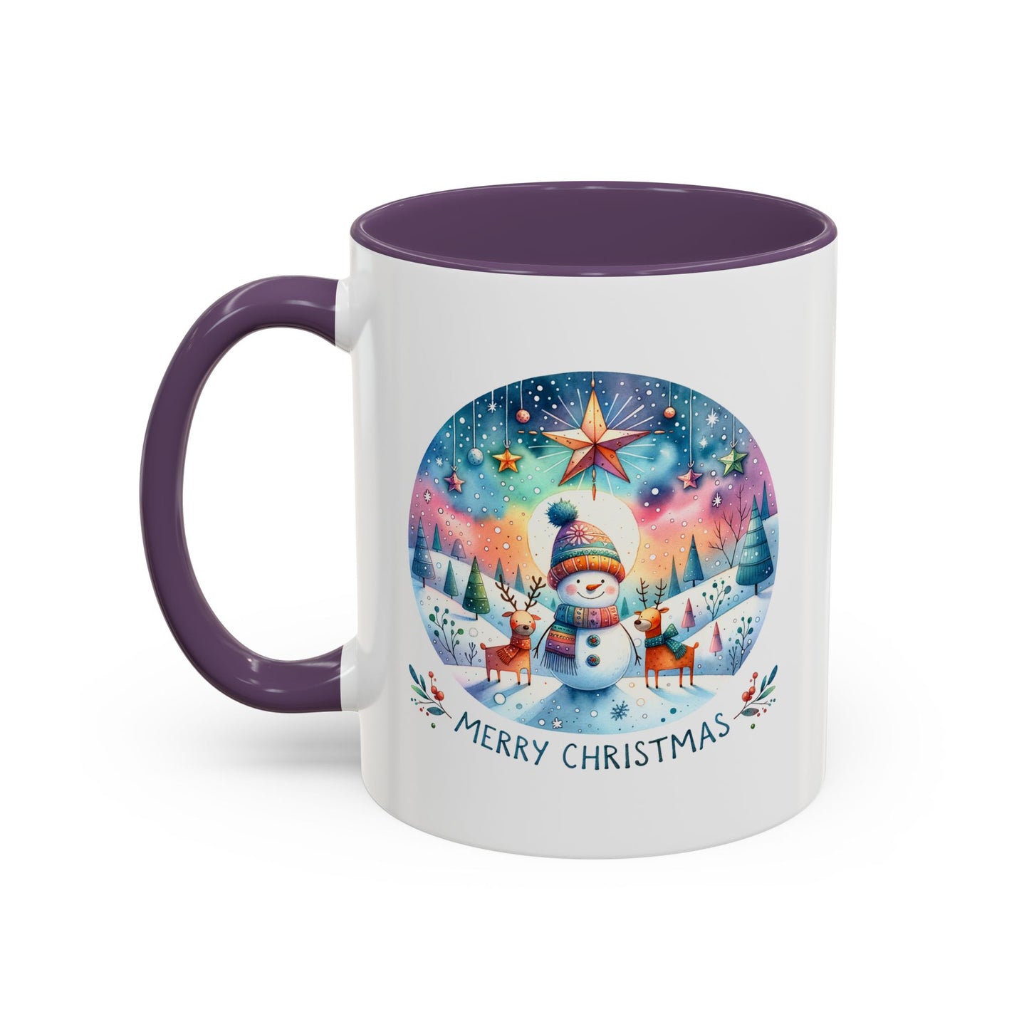 Christmas Mug - Merry Christmas Blue Text Snowman Star Reindeer