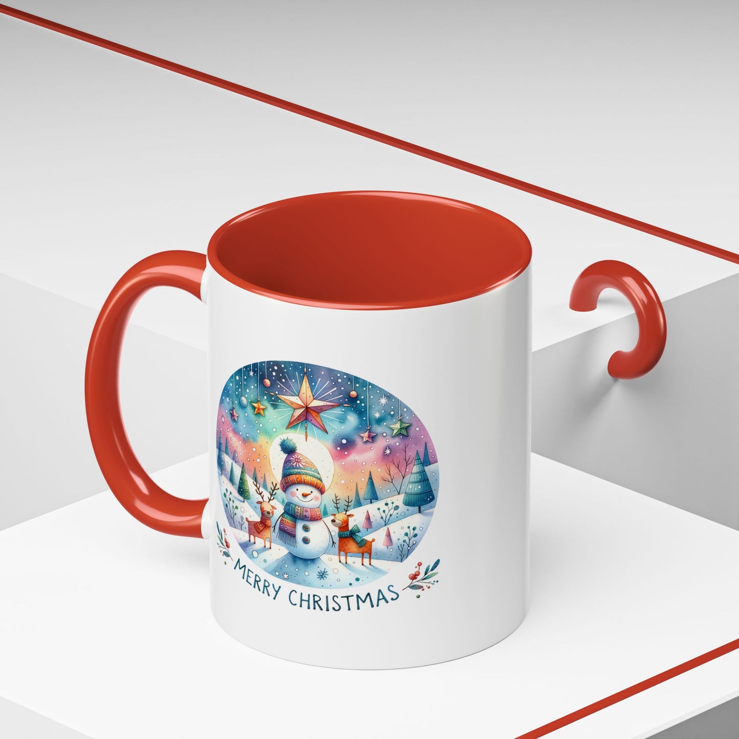 Christmas Mug - Merry Christmas Blue Text Snowman Star Reindeer