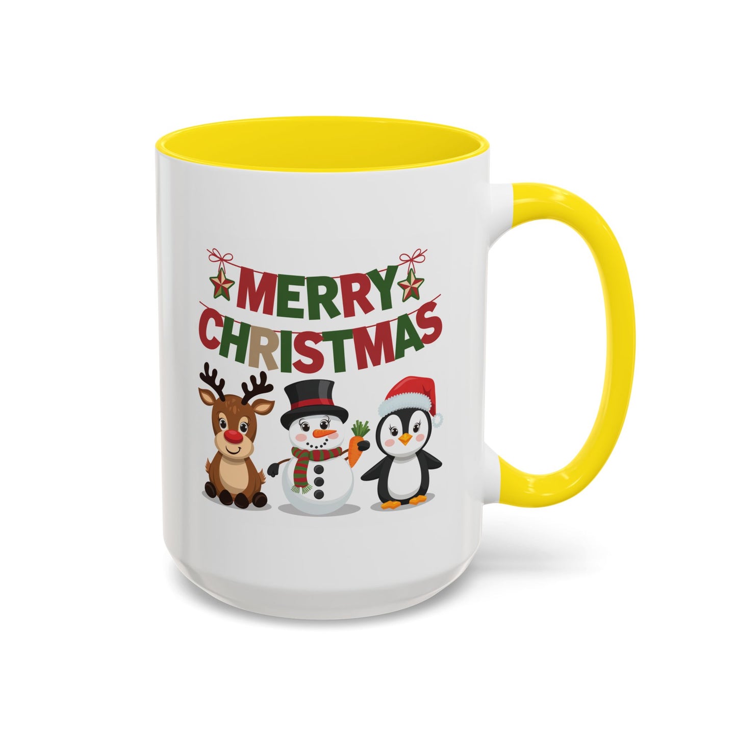 Christmas Mug - Red Green & Gold Text Reindeer Snowman Penguin