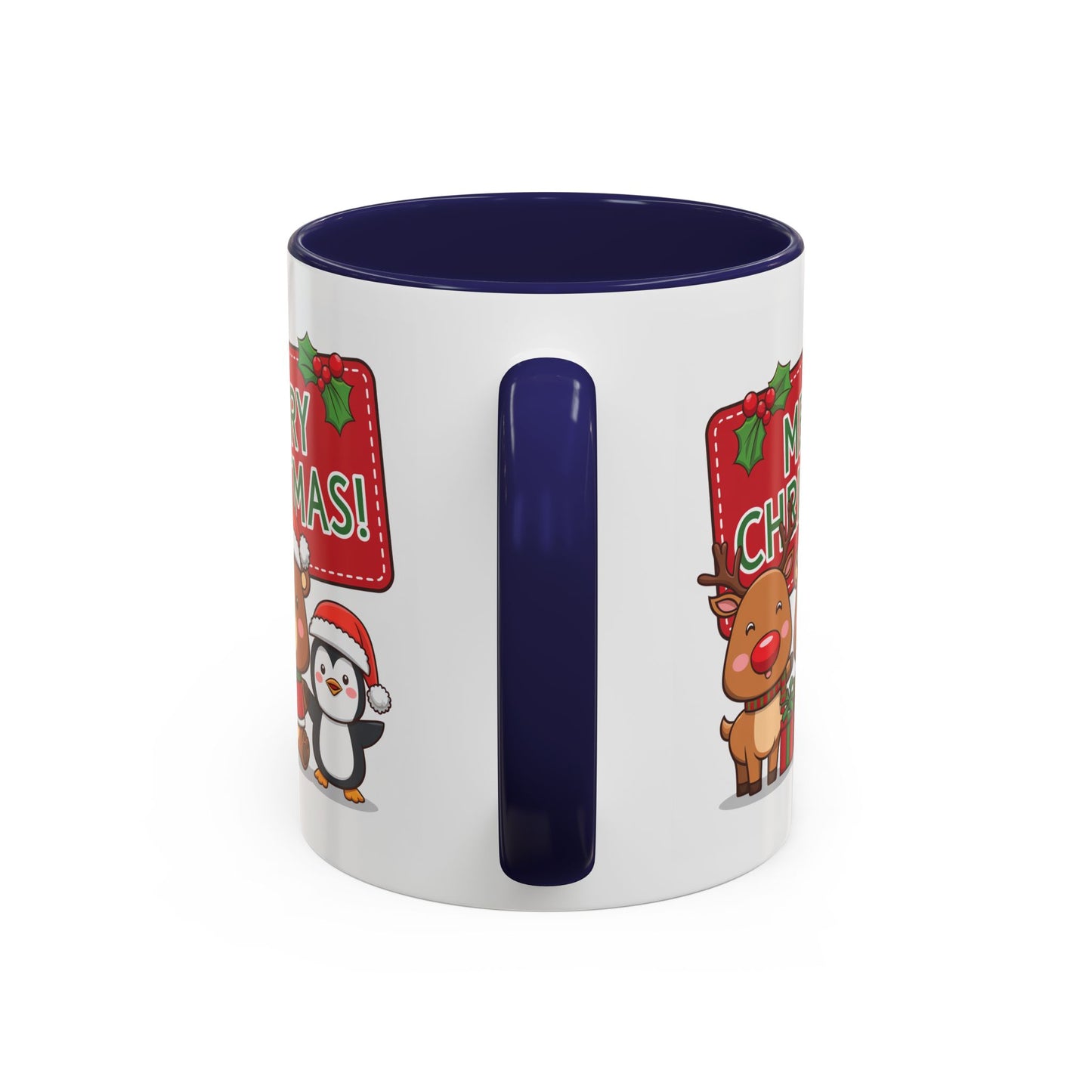 Christmas Mug - Green Text Red Banner Reindeer Bear Penguin