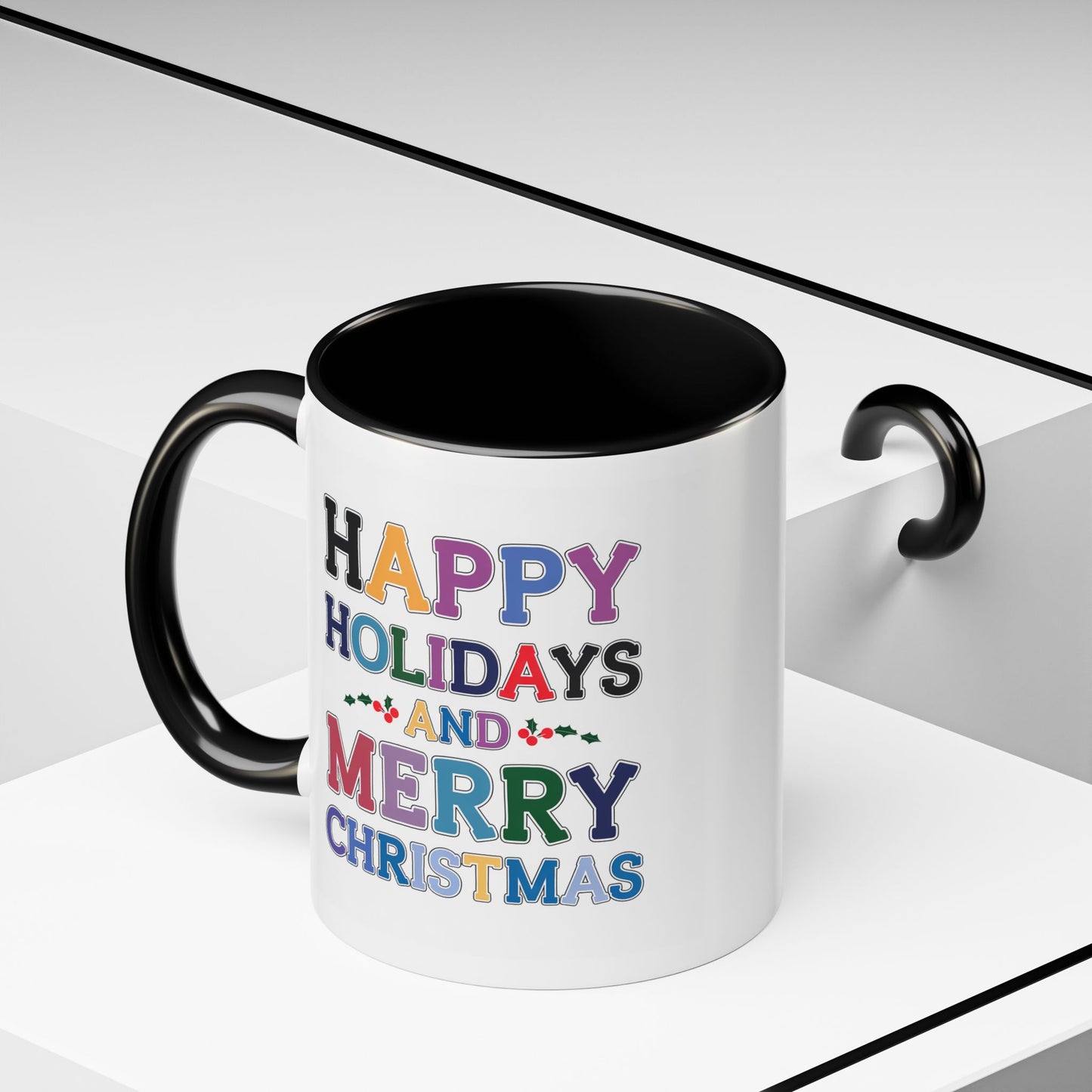 Christmas Mug - Happy Holidays and Merry Christmas Blue Yellow Purple Orange Red Text