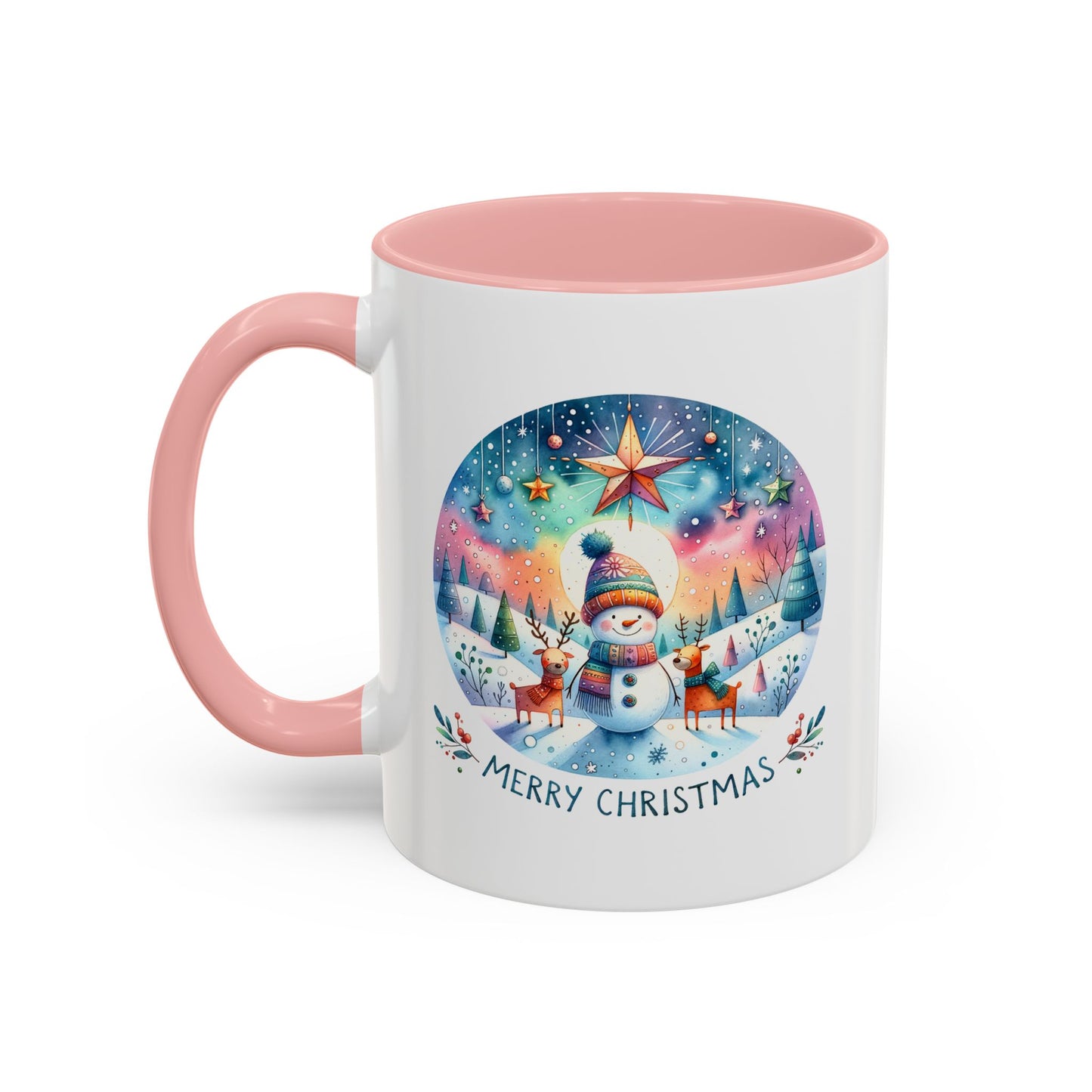 Christmas Mug - Merry Christmas Blue Text Snowman Star Reindeer