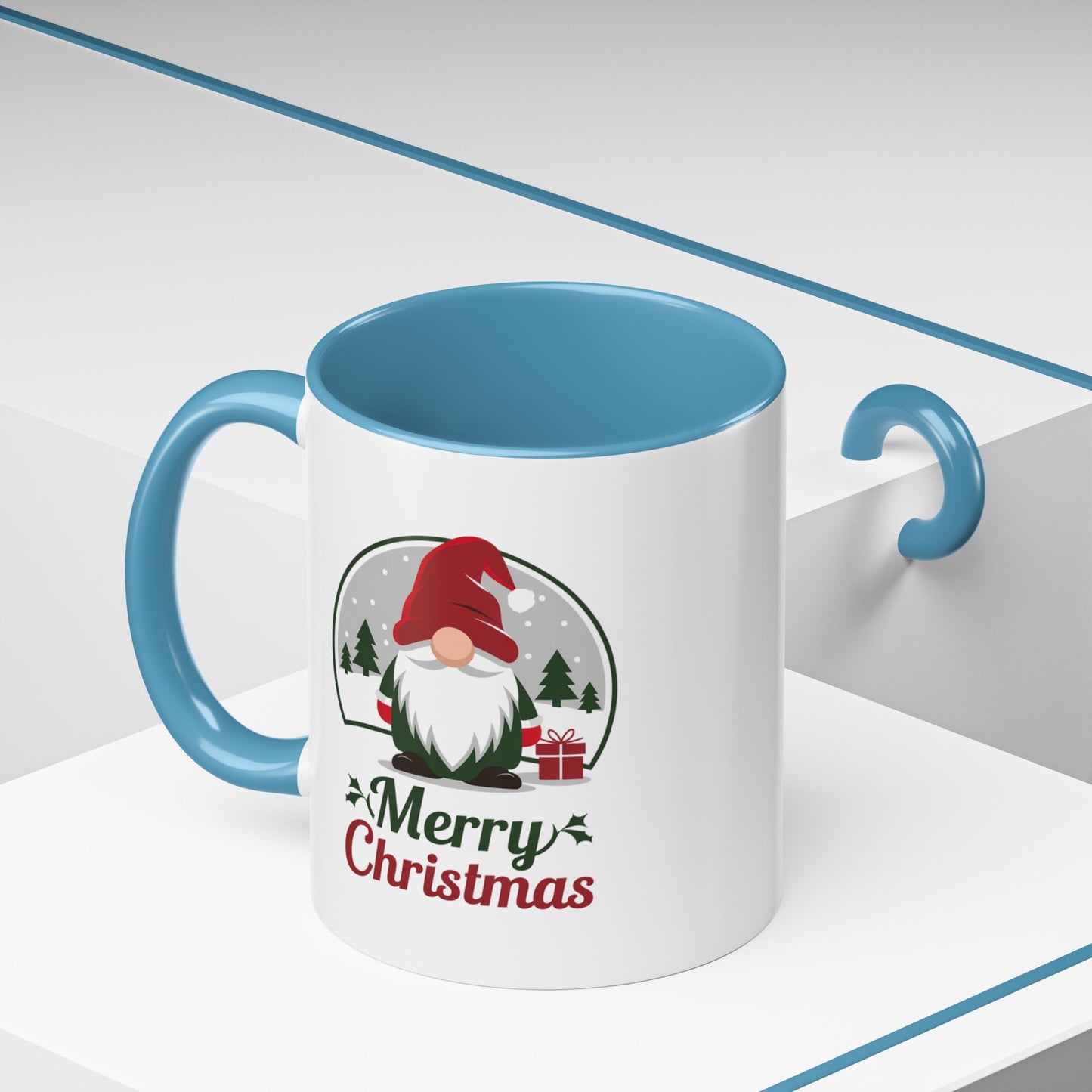 Christmas Mug - Merry Christmas Green & Red Text Gnome Present Trees