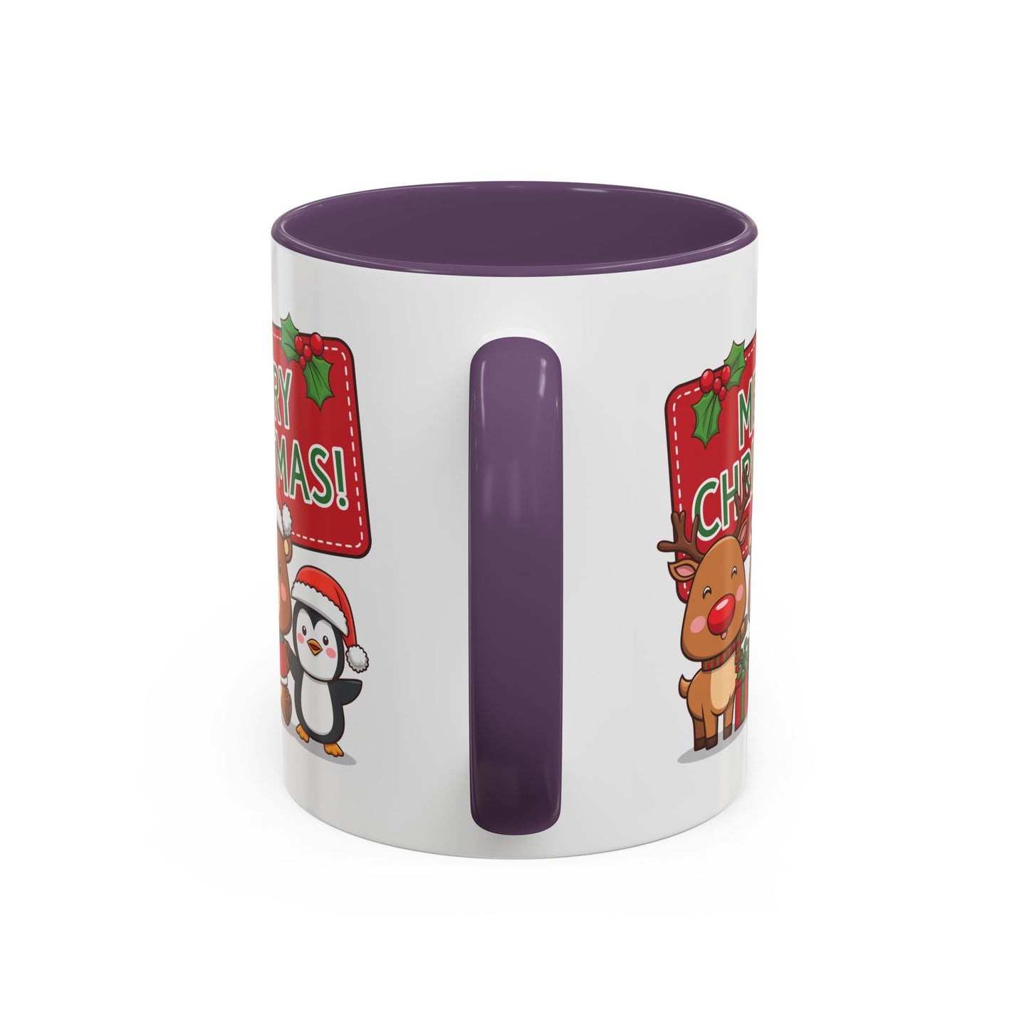 Christmas Mug - Green Text Red Banner Reindeer Bear Penguin