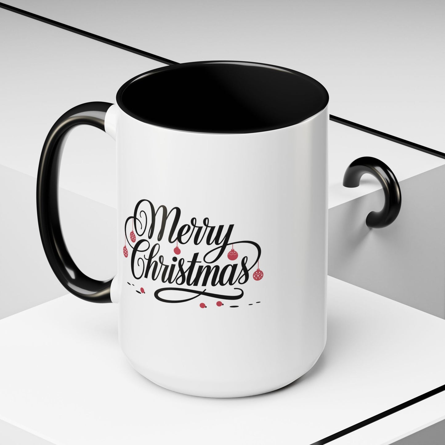 Christmas Mug - Merry Christmas Black Text Red Ornaments