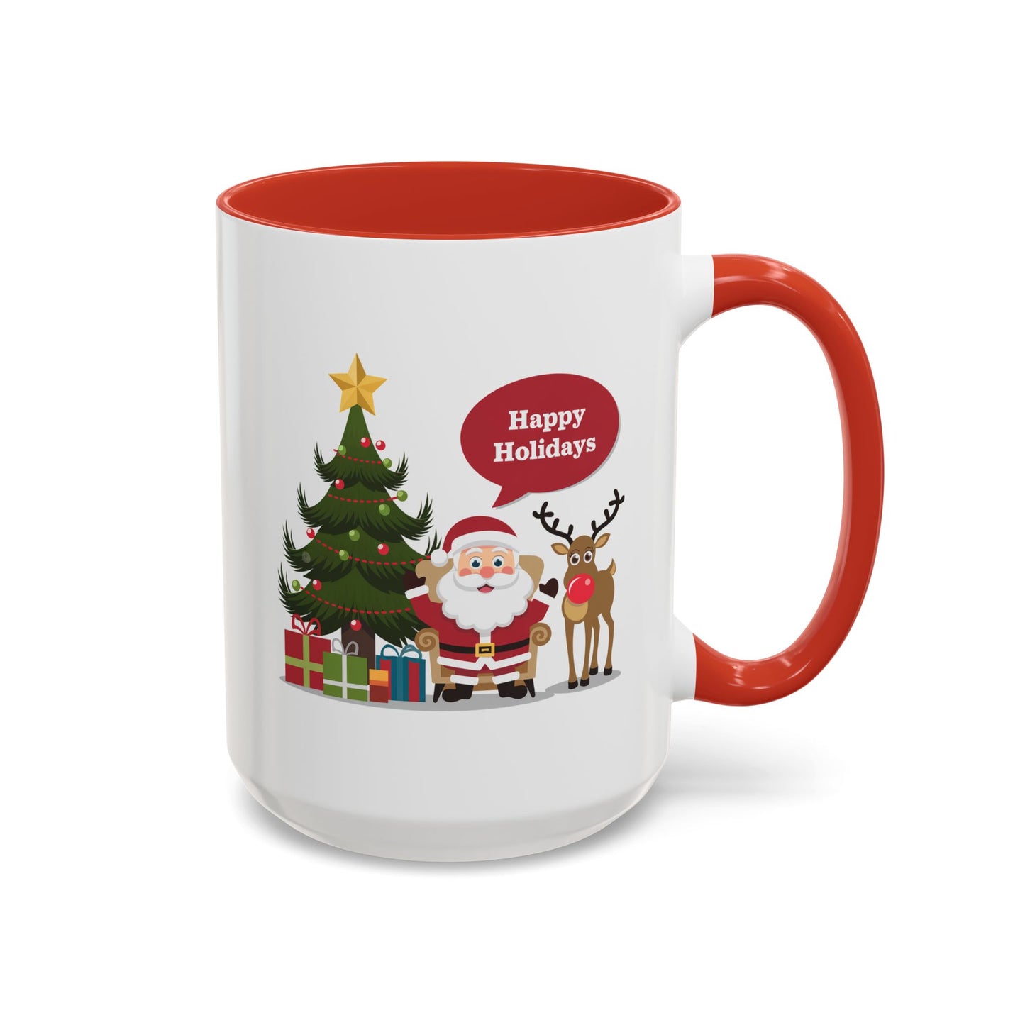 Christmas Mug - Happy Holidays Callout Santa Tree Presents Reindeer