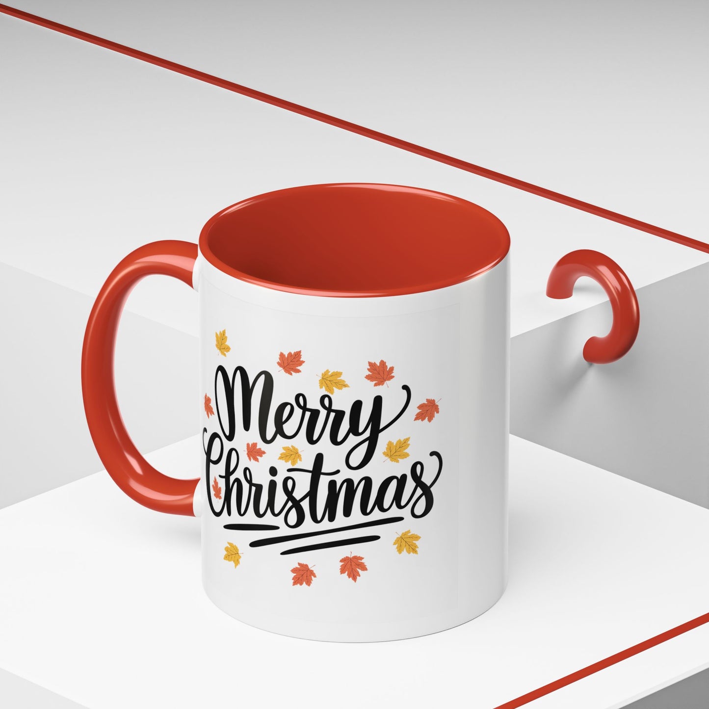 Christmas Mug - Merry Christmas Black Text Fall Leaves
