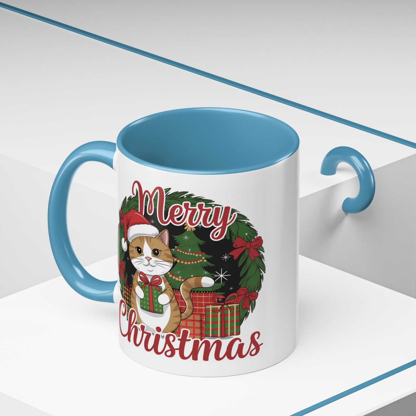 Christmas Mug - Merry Christmas Red Text Cat Presents Wreath