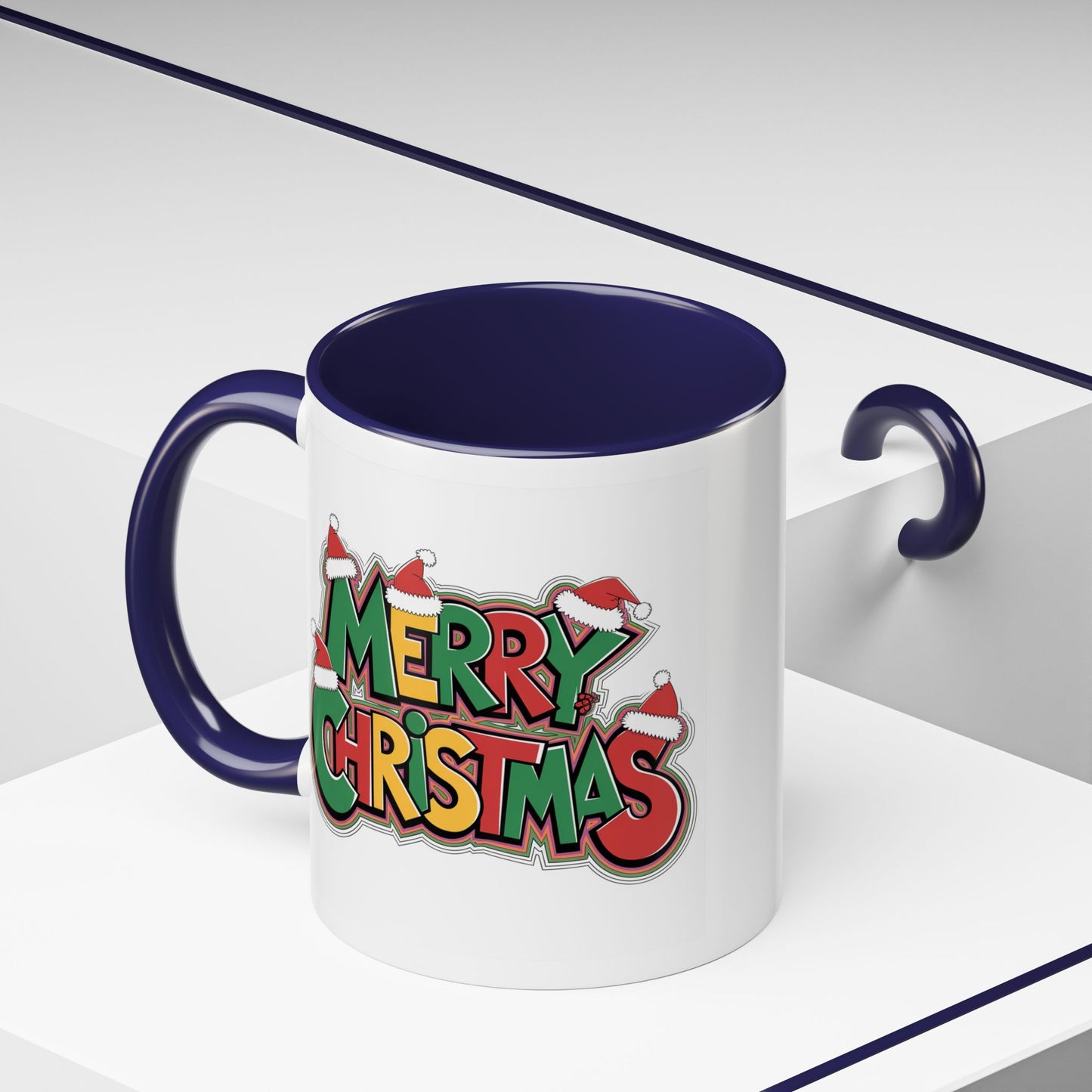 Christmas Mug - Merry Christmas Green Yellow & Red Text Hats