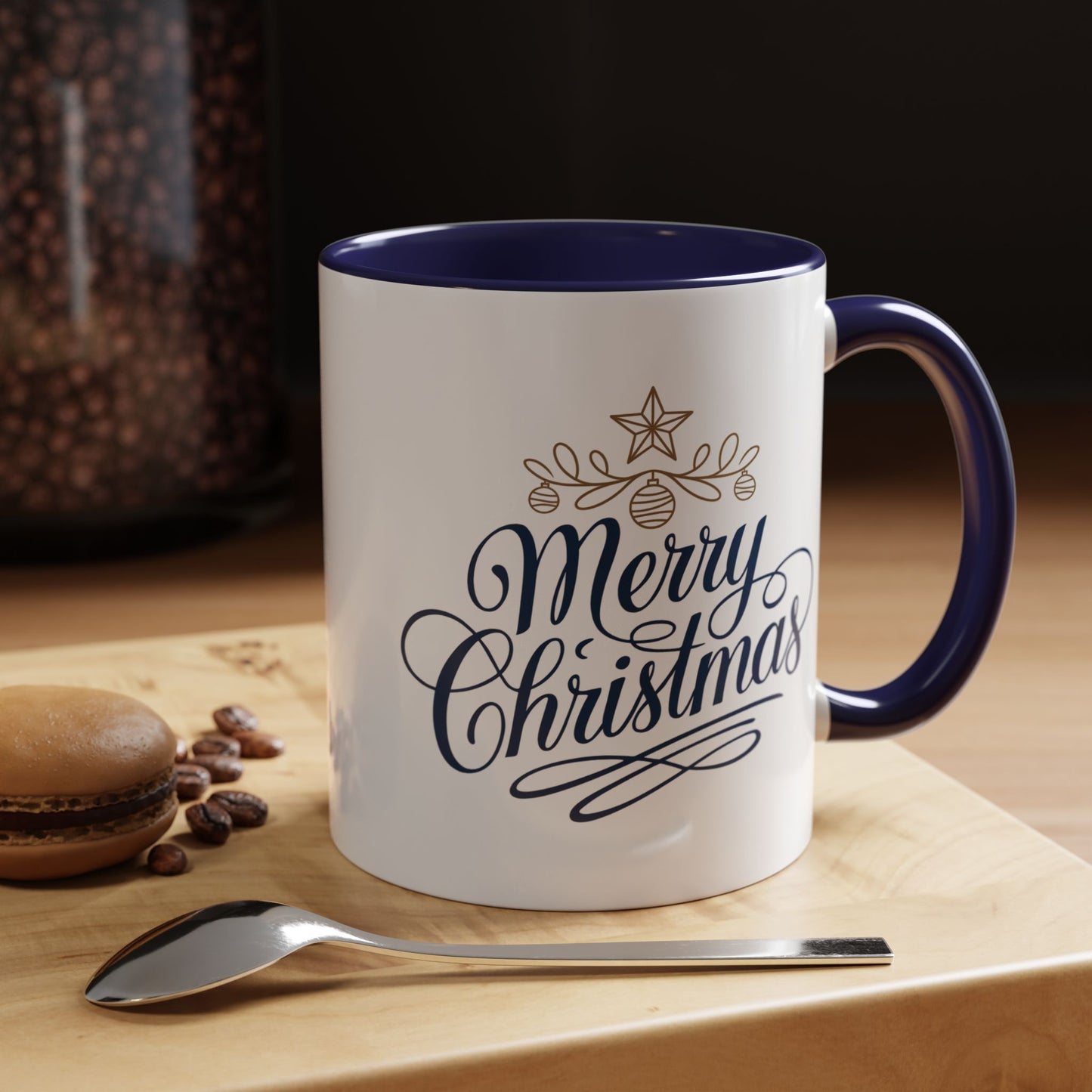 Christmas Mug - Merry Christmas Blue Text Gold Ornaments