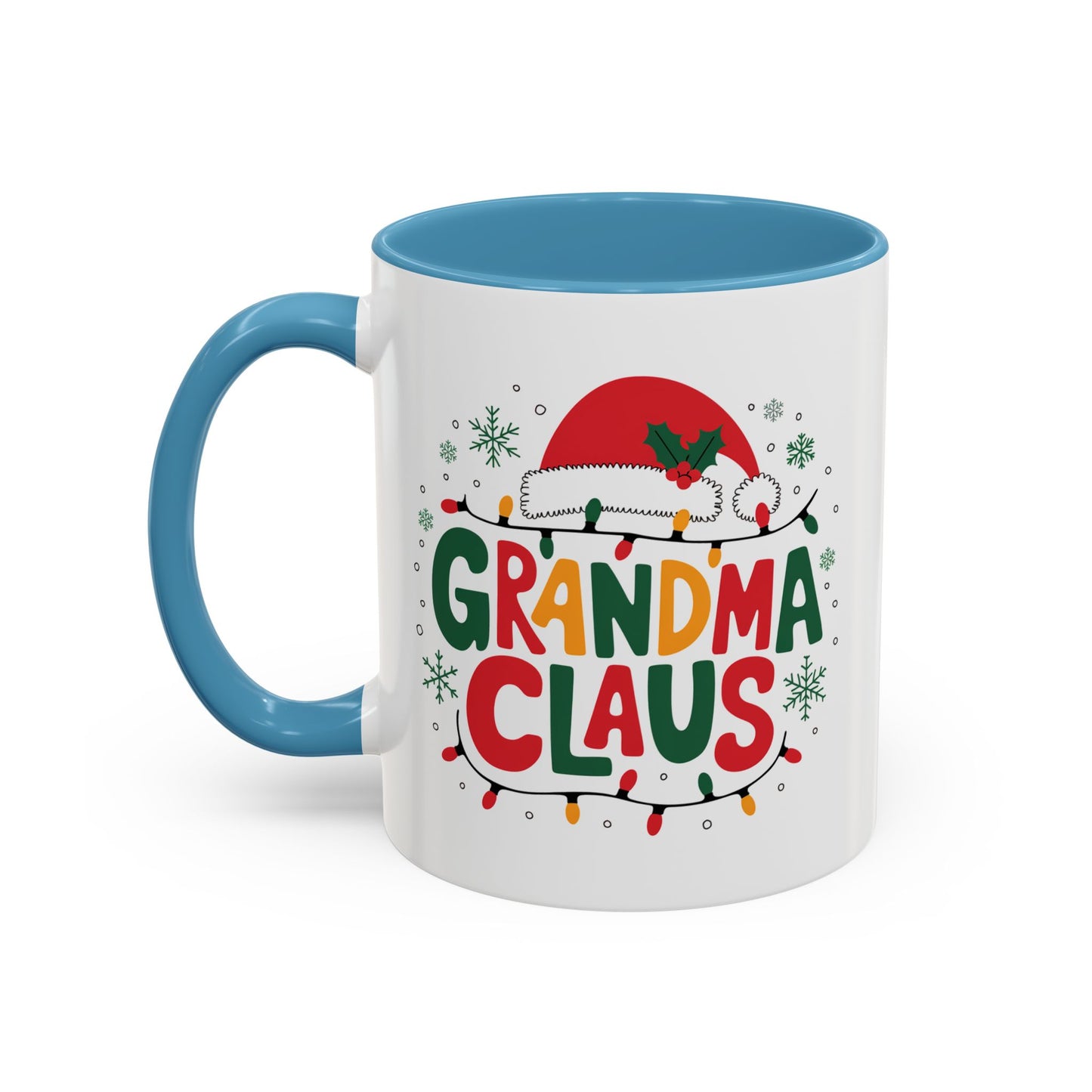 Christmas Mug - Grandma Claus Green Yellow & Red Text Hat Lights Stars