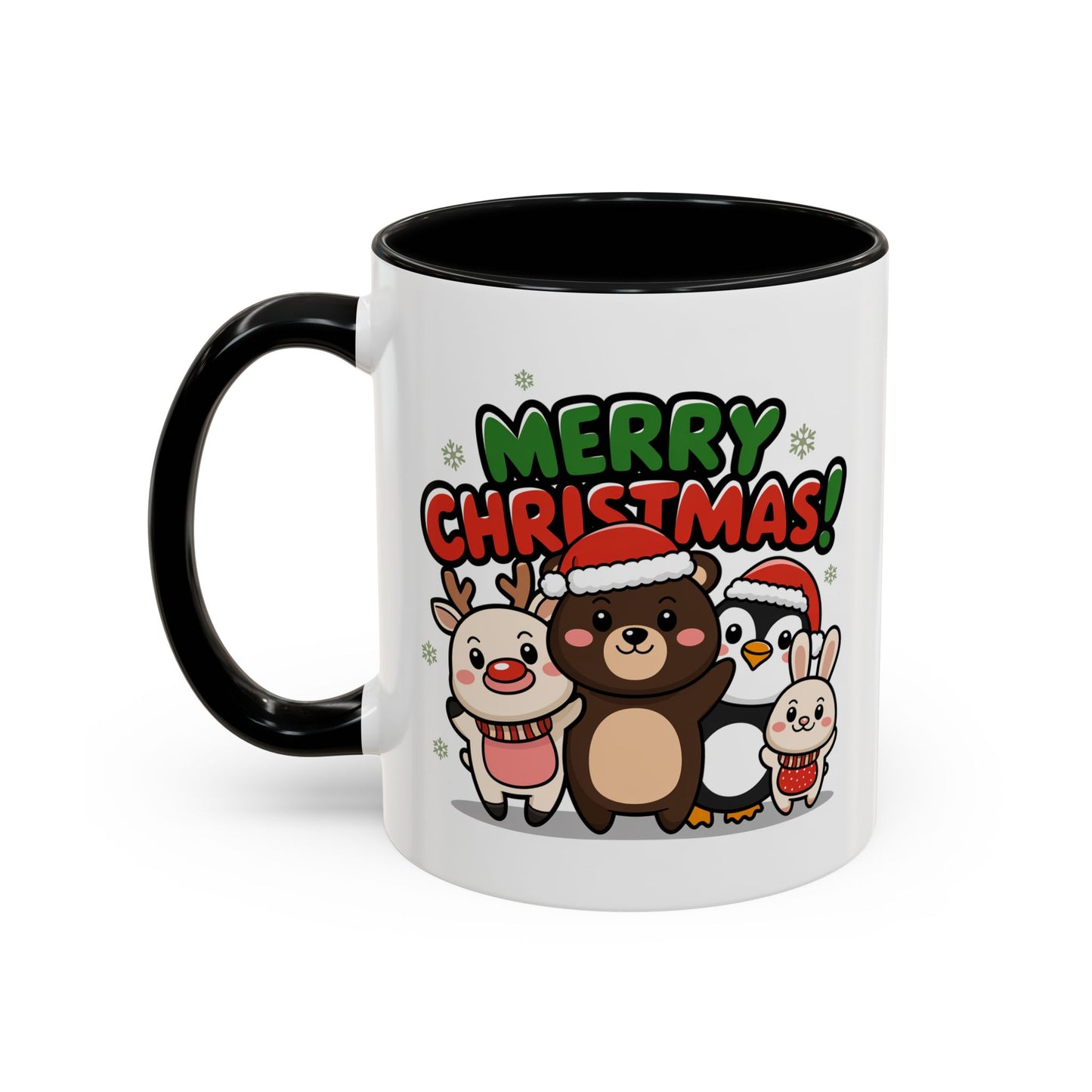 Christmas Mug - Merry Christmas Green & Red Text Cute Animals