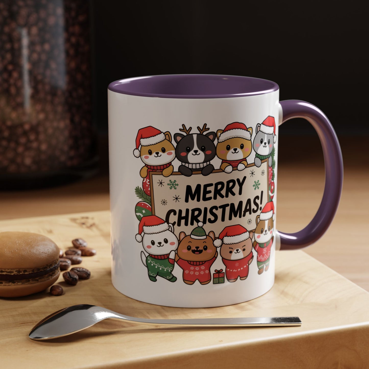 Christmas Mug - Merry Christmas Black Text Cute Animals