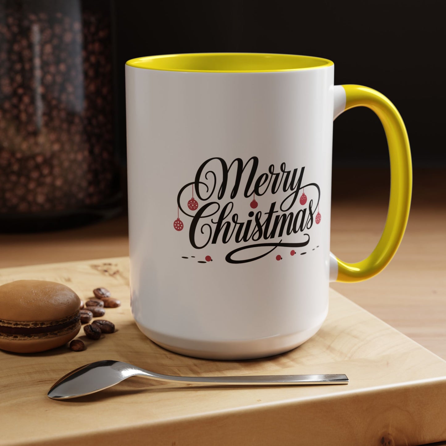 Christmas Mug - Merry Christmas Black Text Red Ornaments