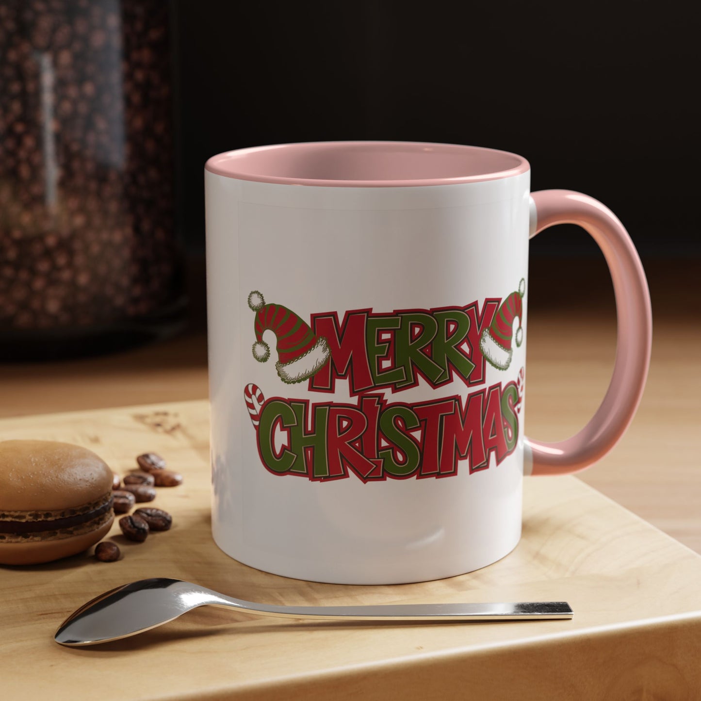 Christmas Mug - Merry Christmas Red & Green Text Hats Candy Canes