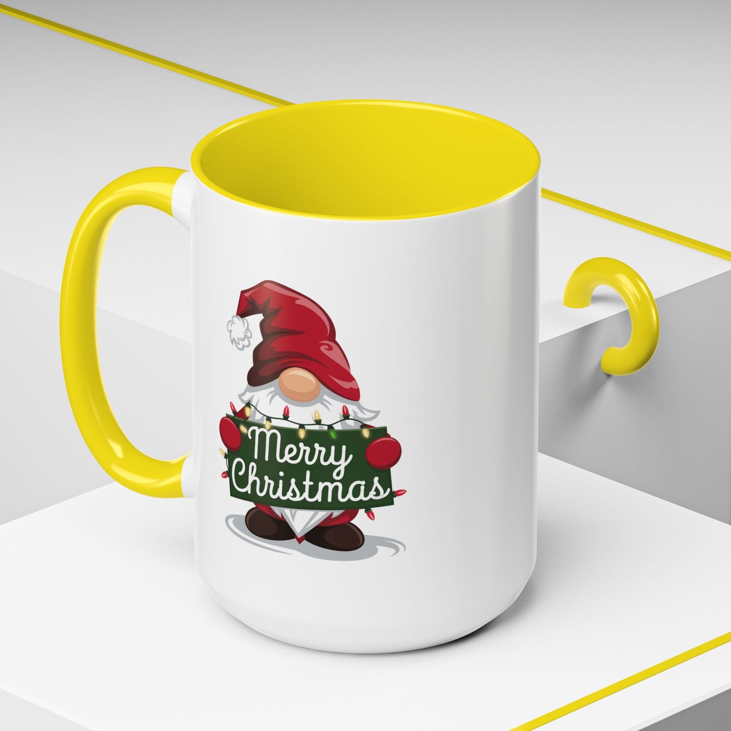 Christmas Mug - Merry Christmas White & Green Text Gnome Lights