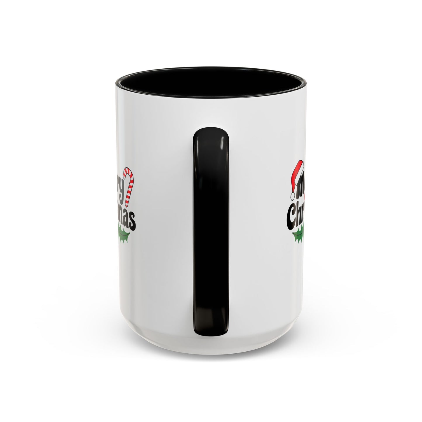 Christmas Mug - Merry Christmas Black Text Hat Cane Misletoe
