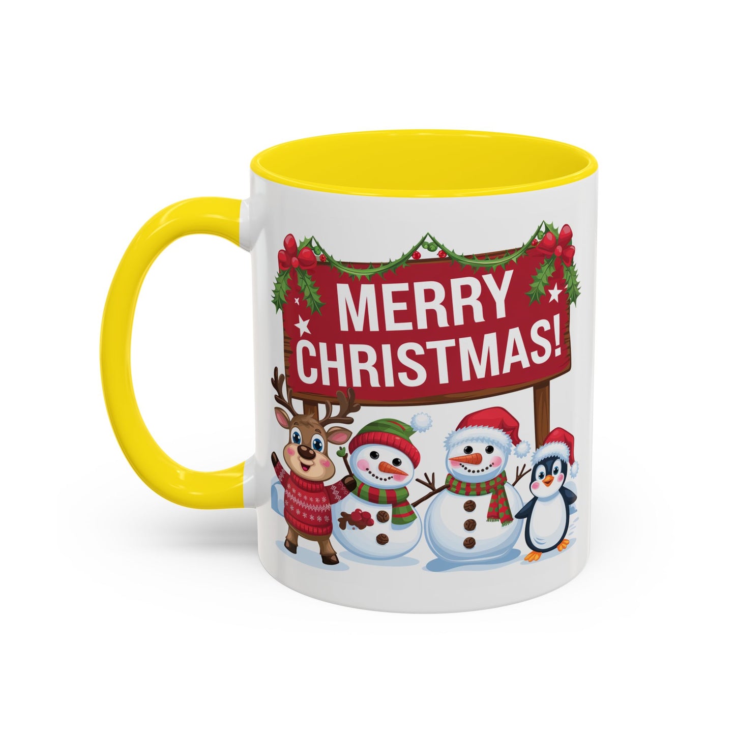 Christmas Mug - Merry Christmas White Text Reindeer Snowmen Penguin