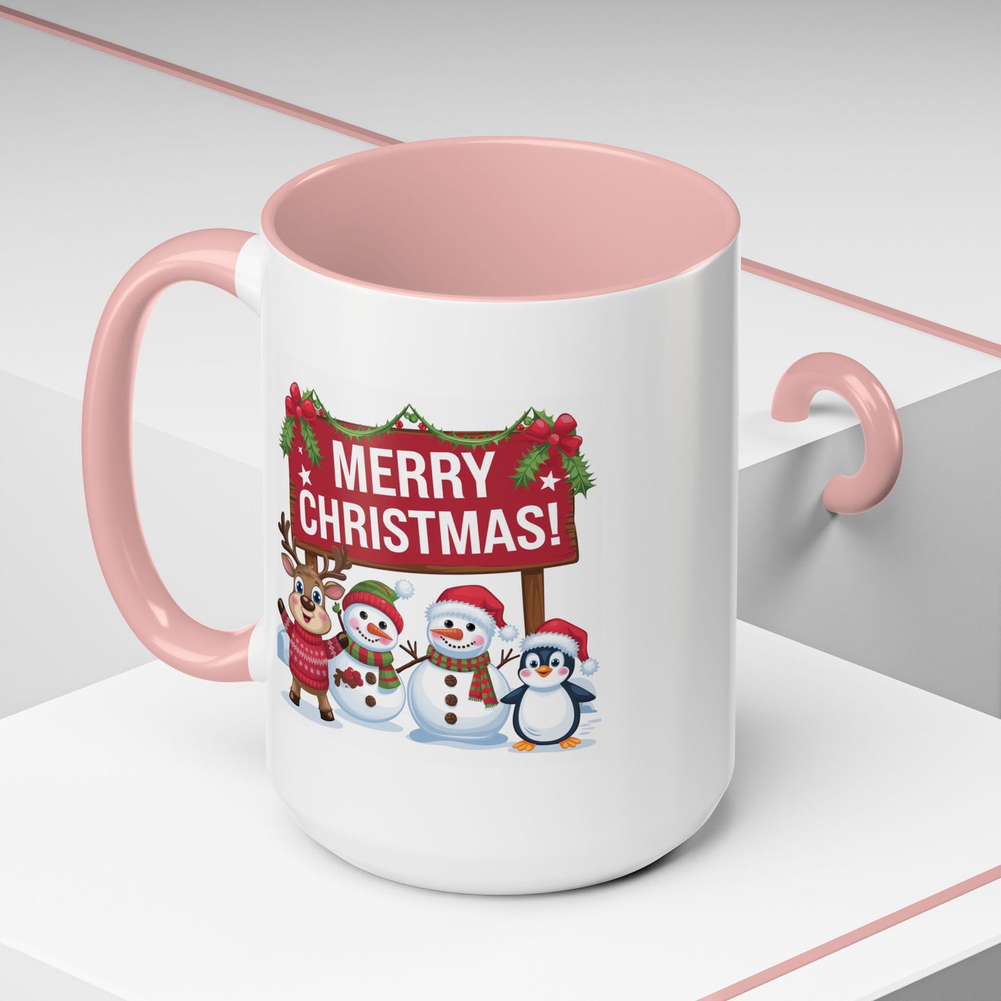 Christmas Mug - Merry Christmas White Text Reindeer Snowmen Penguin