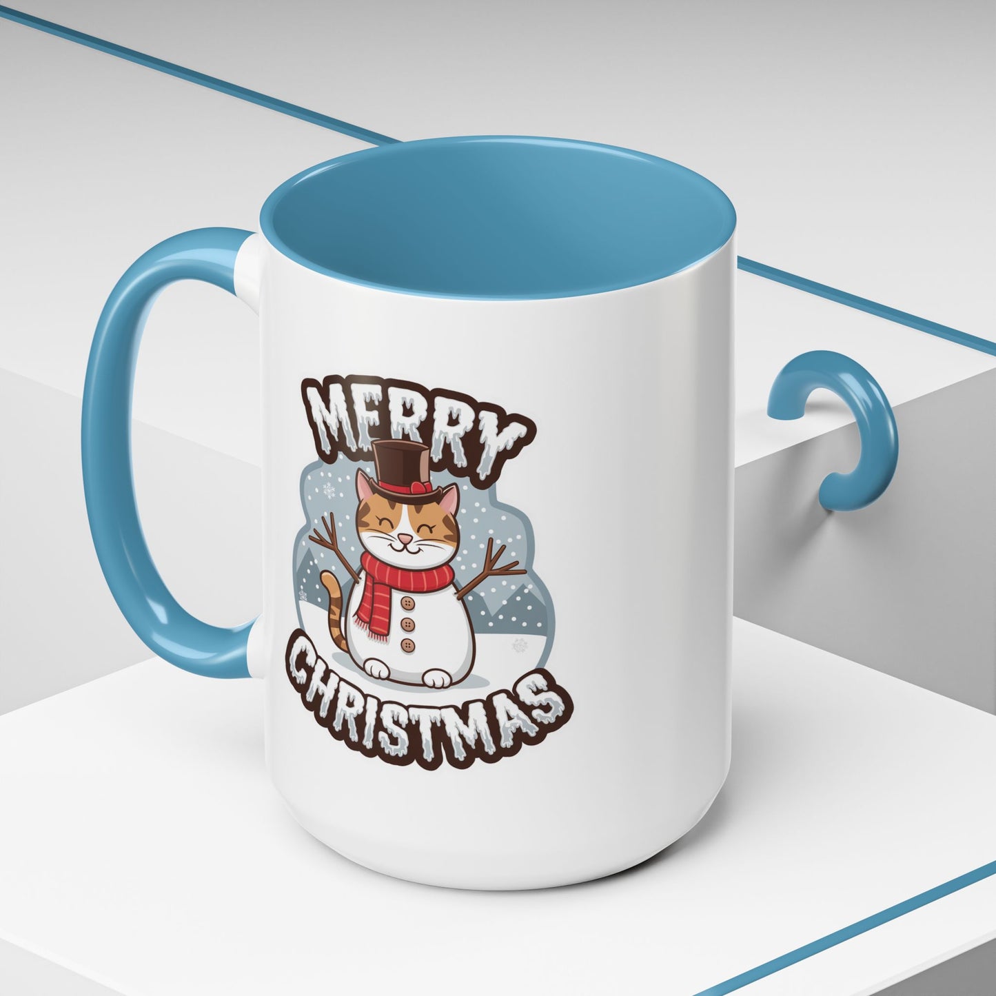 Christmas Mug - Merry Christmas Black & White Text Snowman Cat