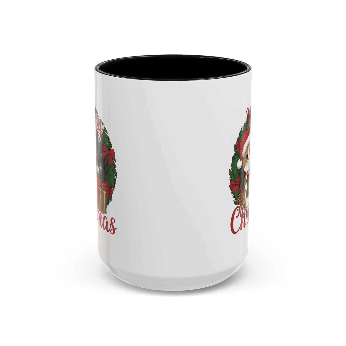 Christmas Mug - Merry Christmas Red Text Cat Presents Wreath