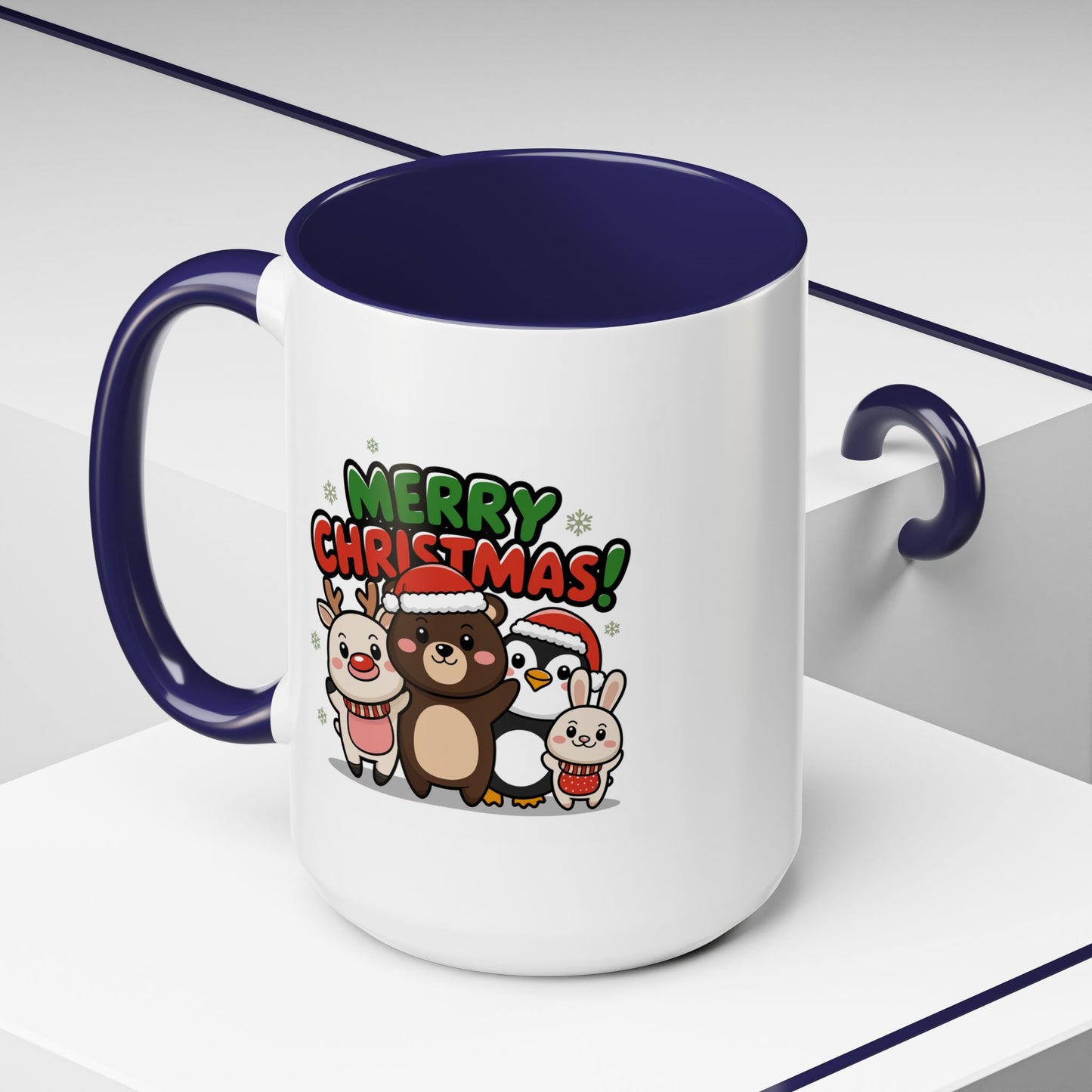 Christmas Mug - Merry Christmas Green & Red Text Cute Animals