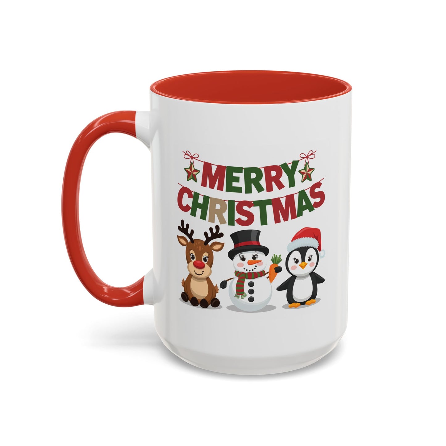 Christmas Mug - Red Green & Gold Text Reindeer Snowman Penguin