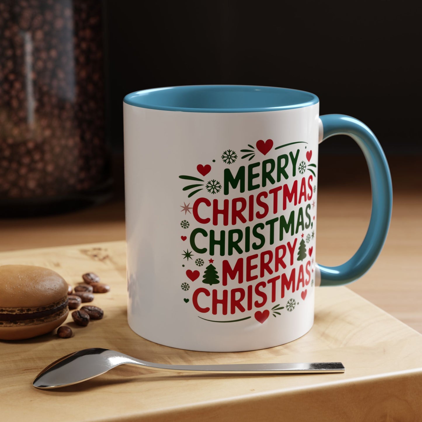 Christmas Mug - Merry Christmas Green & Red Text Trees Hearts Snowflakes Stars