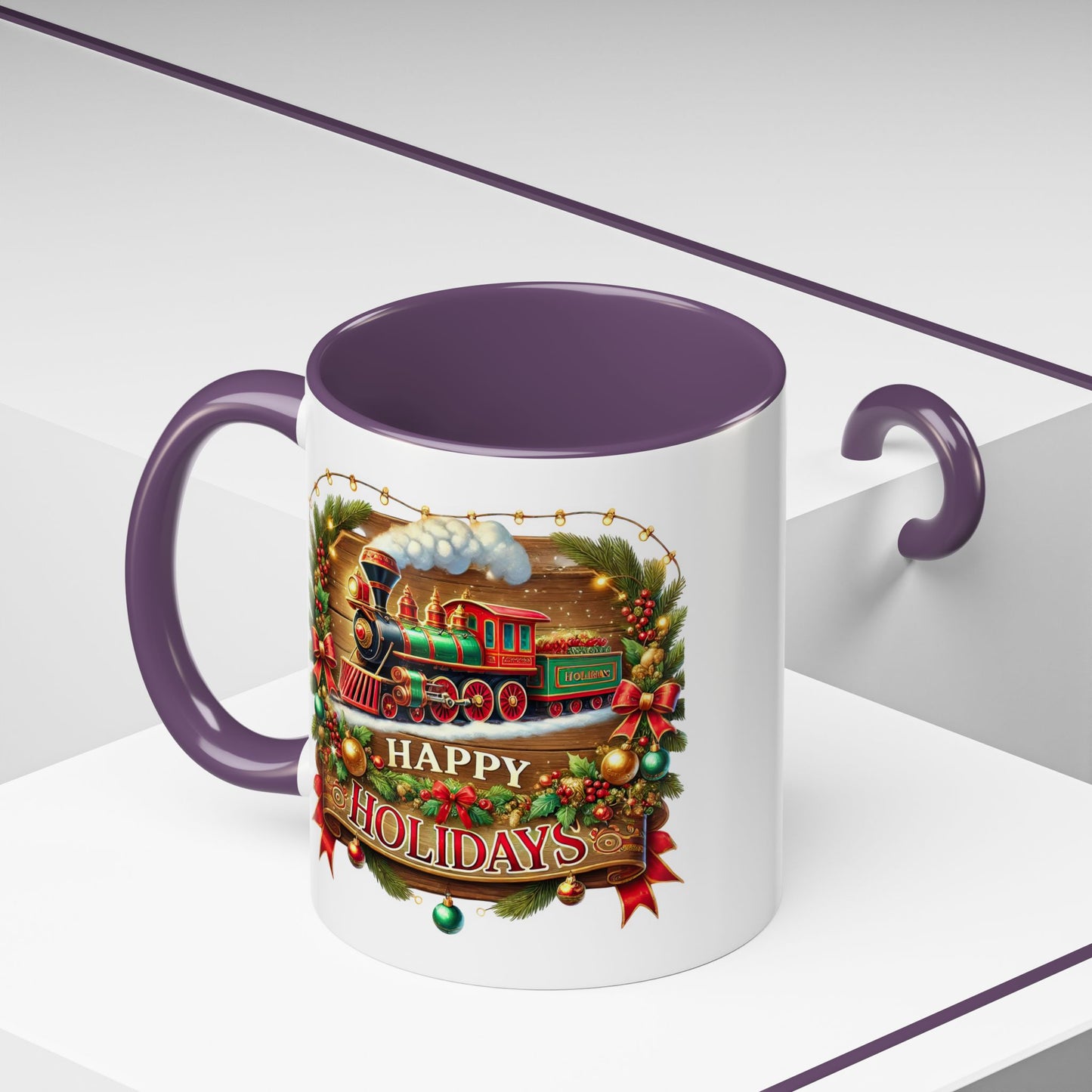 Christmas Mug - Happy Holidays White & Red Text Steam Locomotive