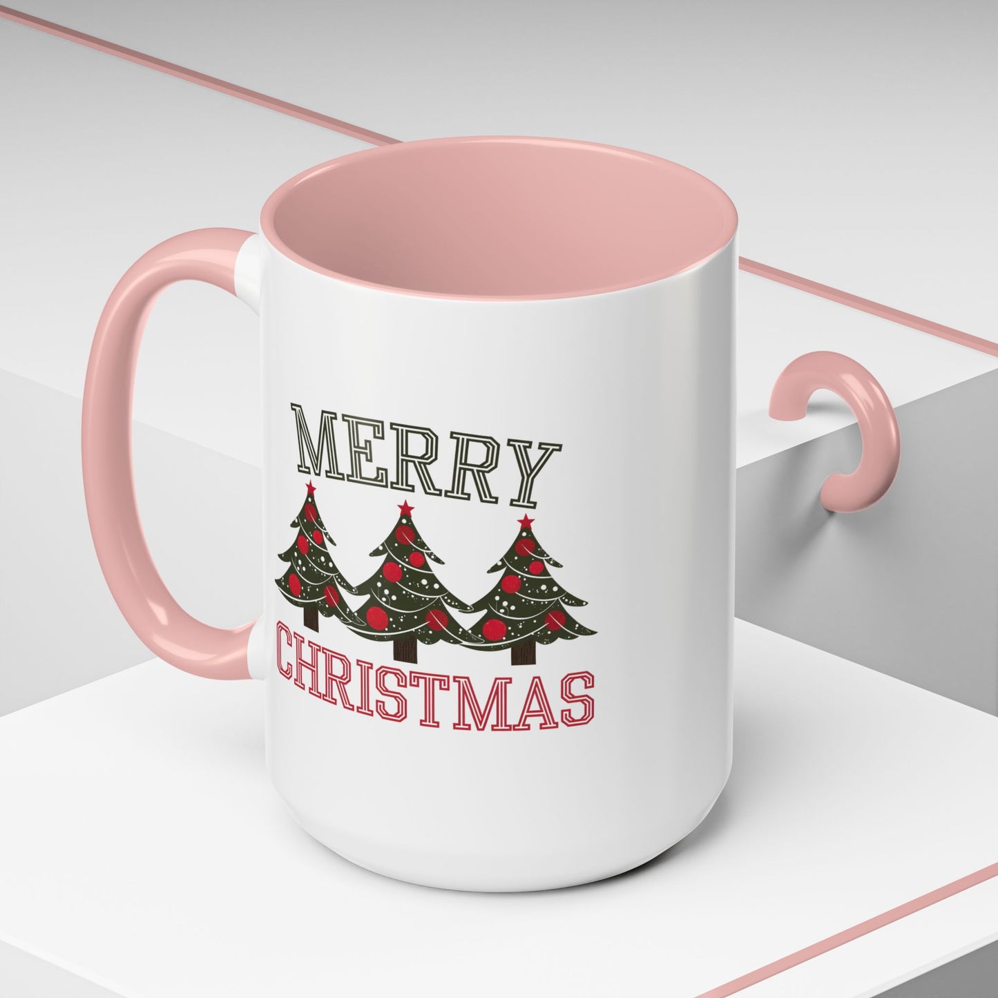 Christmas Mug - Merry Christmas Green & Red Text Decorative Trees