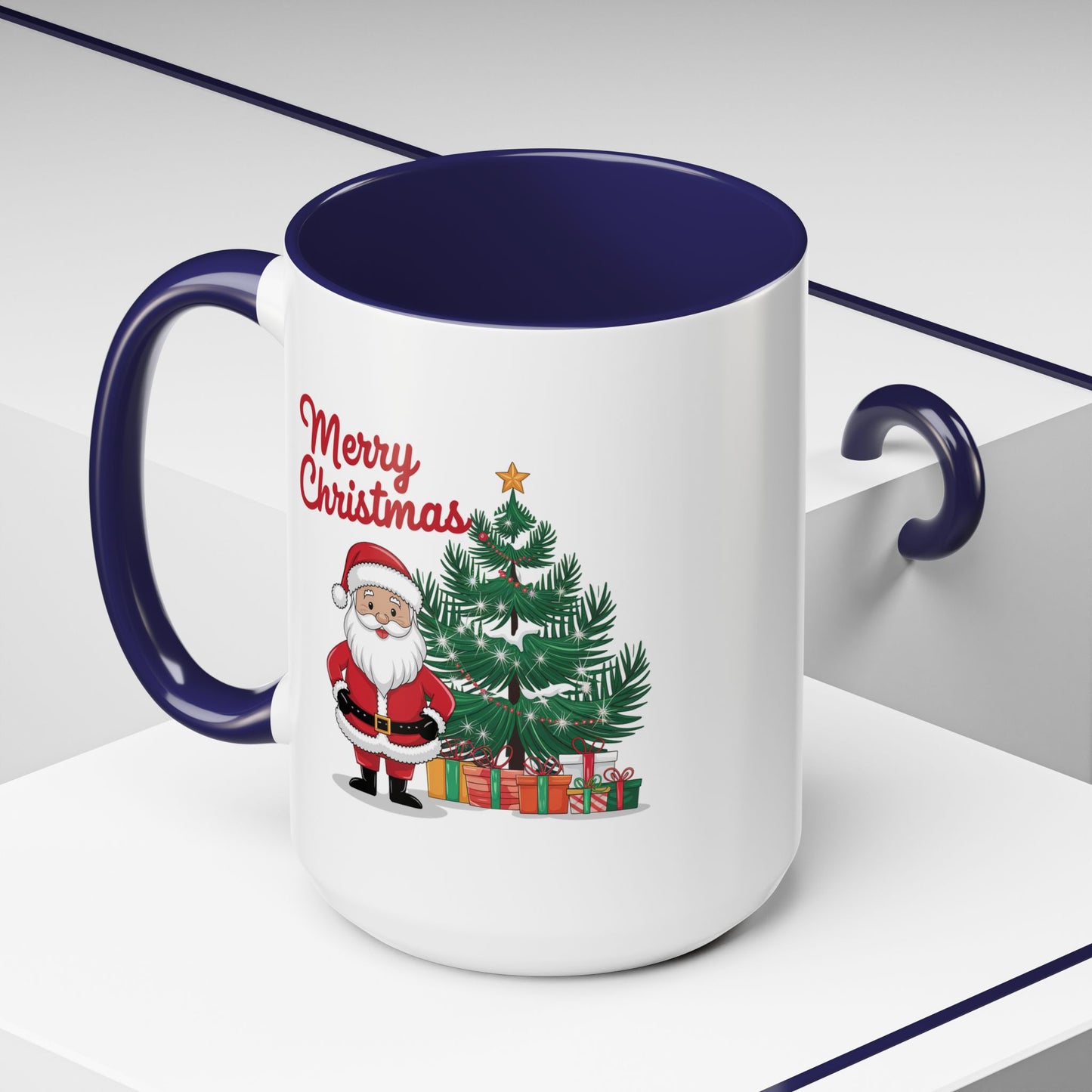 Christmas Mug - Merry Christmas Red Text Santa Tree Presents