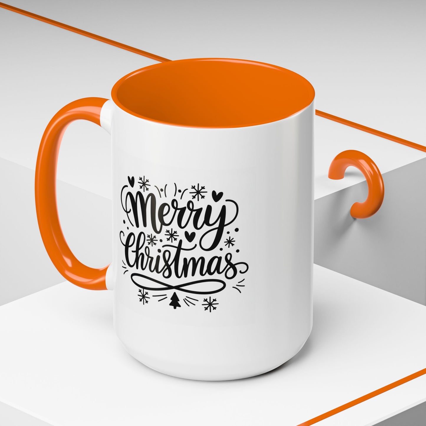 Christmas Mug - Merry Christmas Black Text Tree Snowflakes Hearts