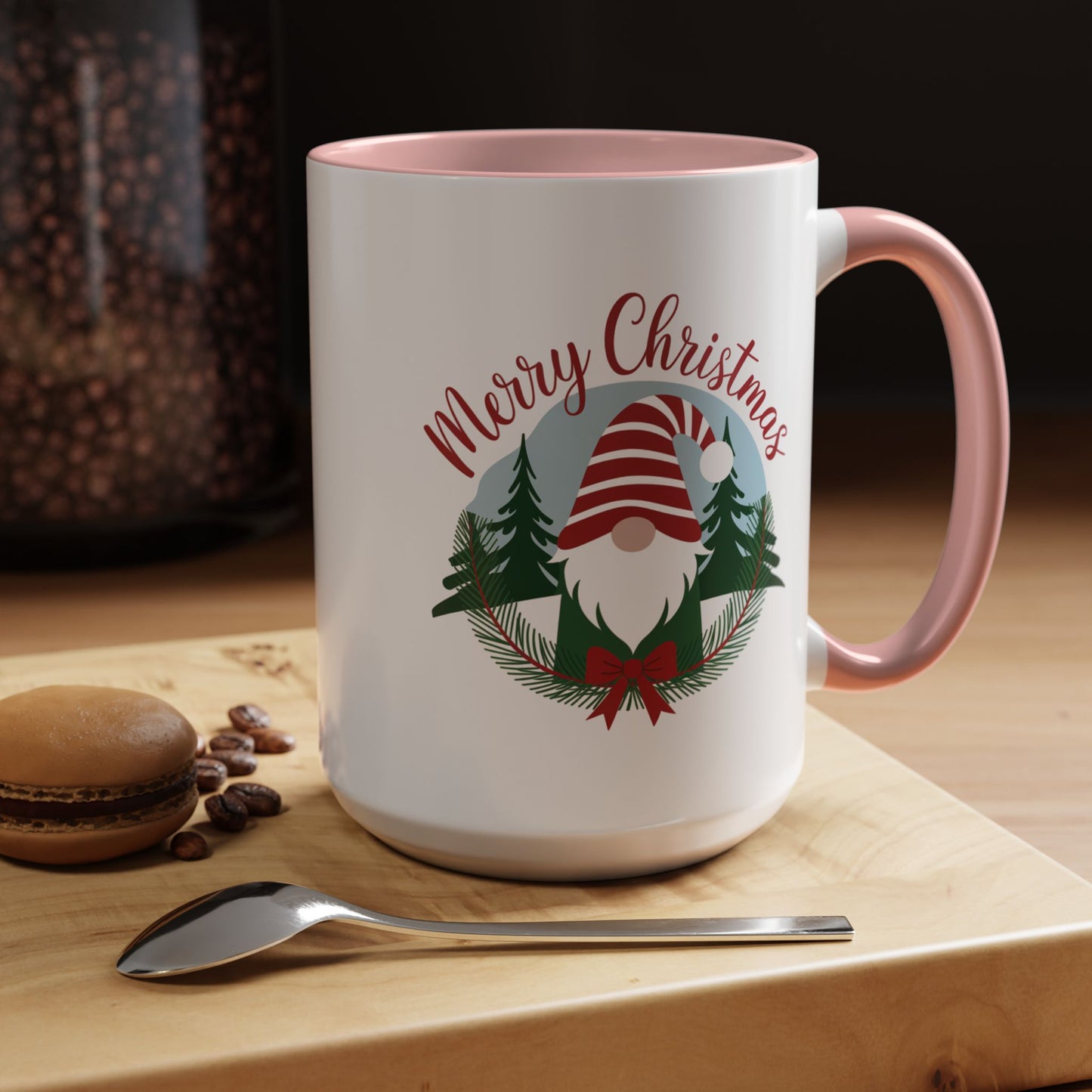 Christmas Mug - Merry Christmas Red Text Gnome Bow Tree
